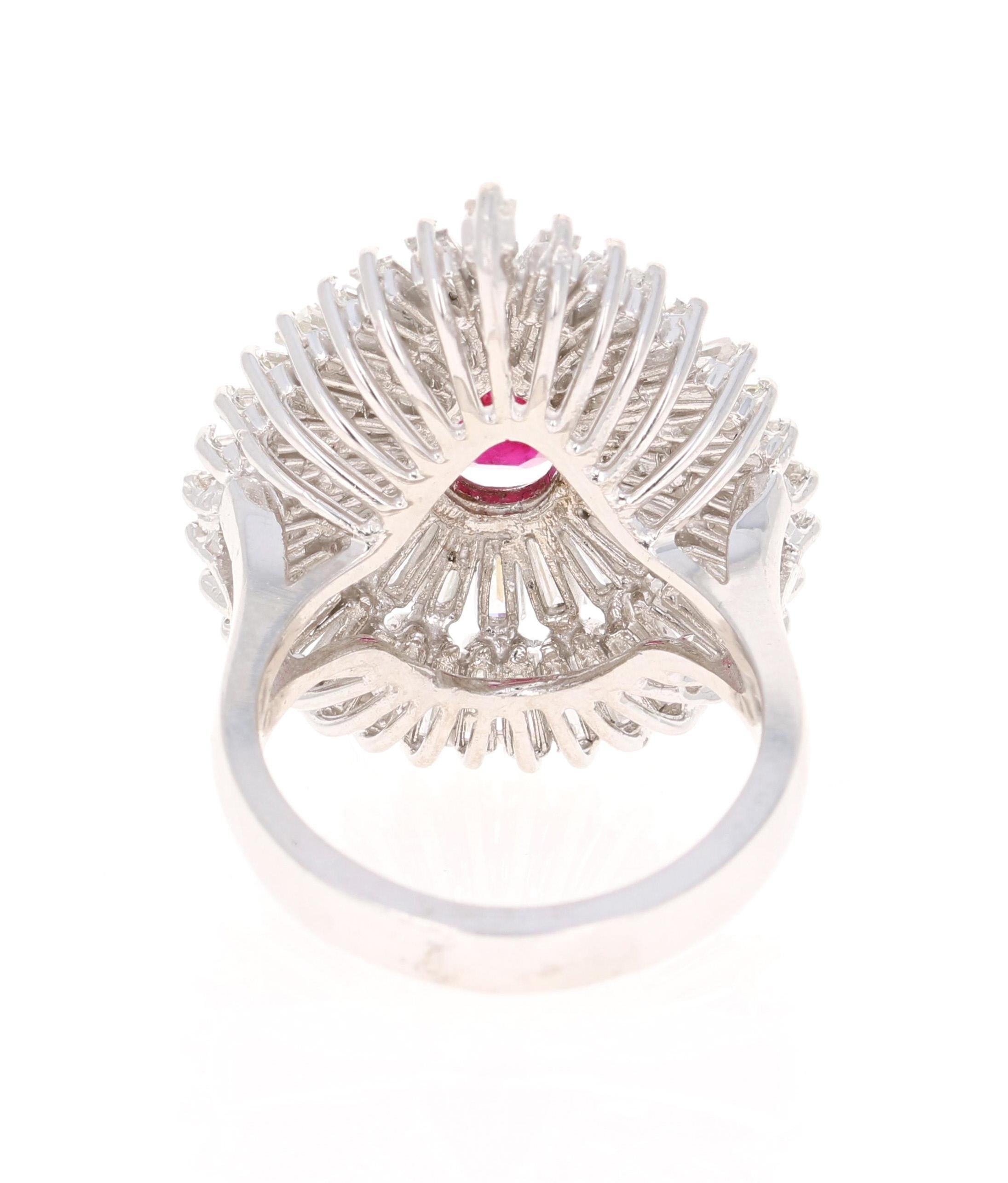 Pear Cut 4.80 Carat Natural Ruby Baguette Diamond 14 Karat White Gold Ballerina Ring For Sale