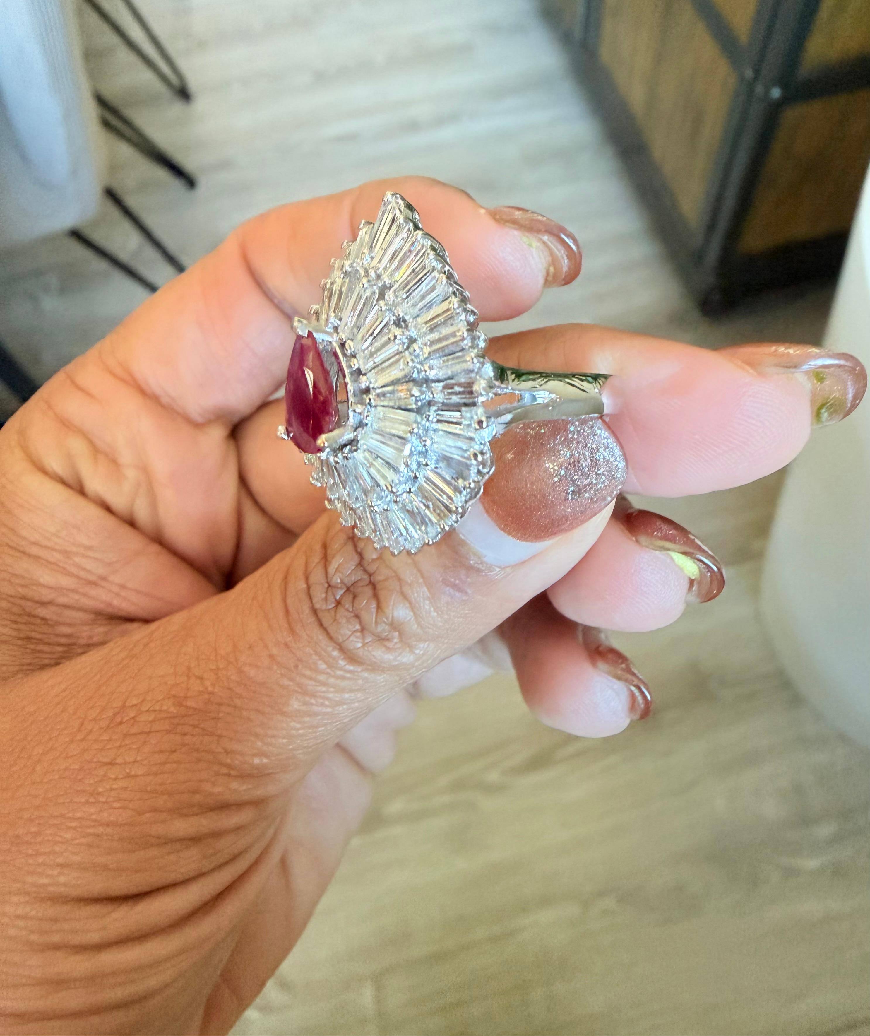 4.80 Carat Natural Ruby Baguette Diamond 14 Karat White Gold Ballerina Ring For Sale 2