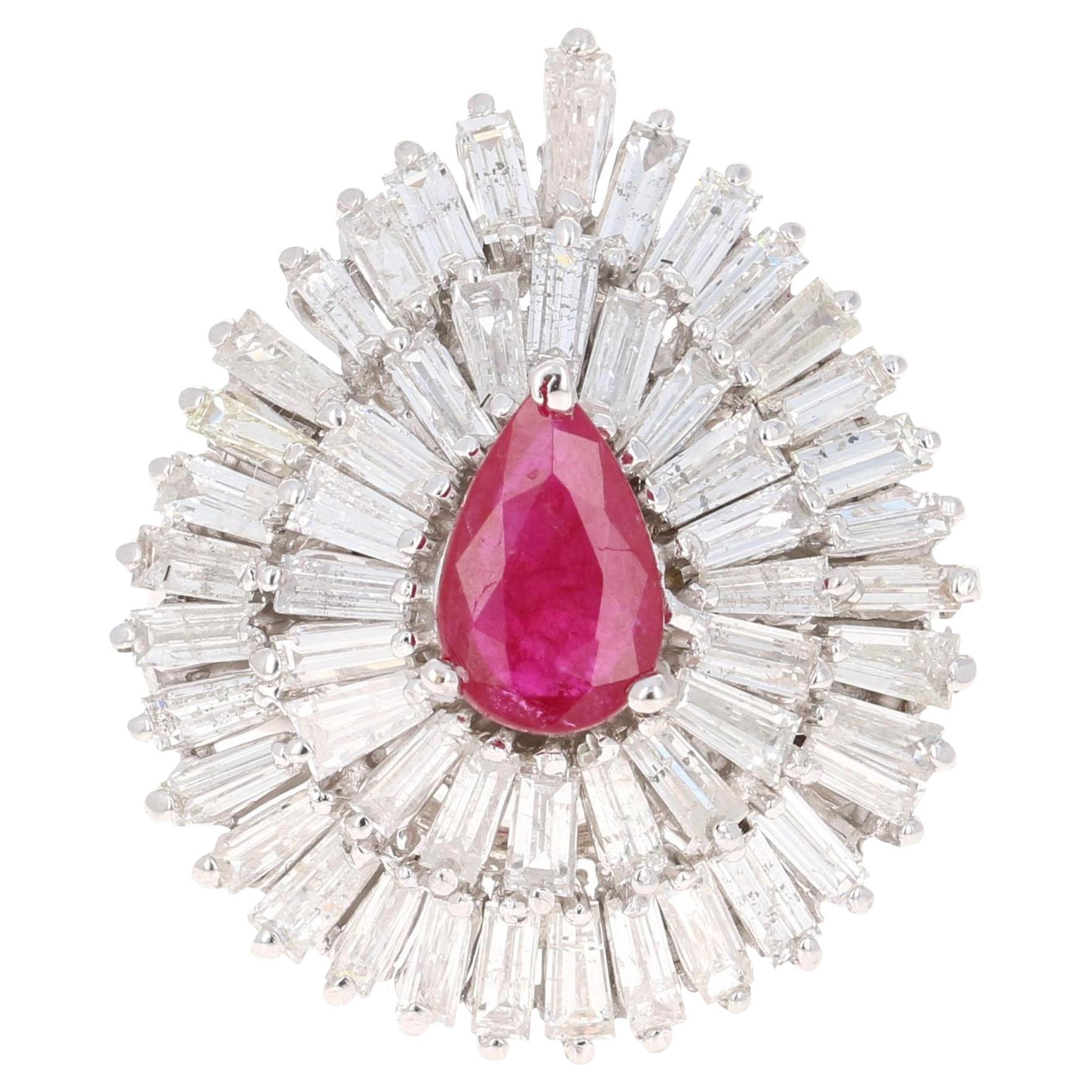 4.80 Carat Natural Ruby Baguette Diamond 14 Karat White Gold Ballerina Ring