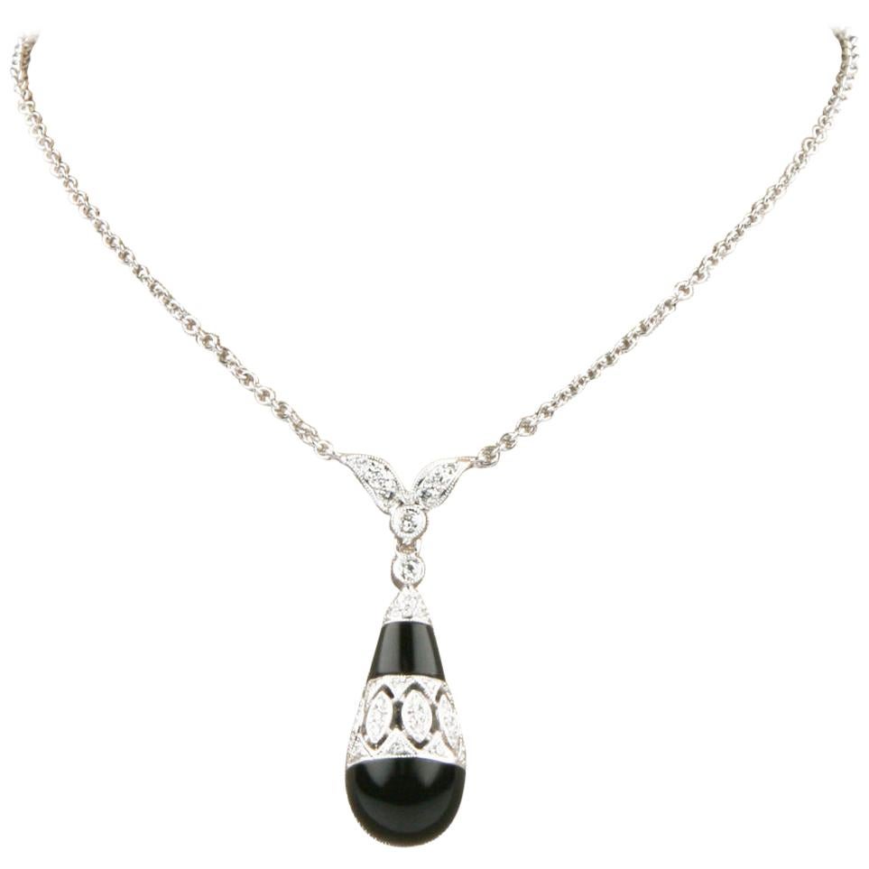 4.80 Carat Onyx and Diamond Drop Pendant with 18 Karat White Gold Chain For Sale
