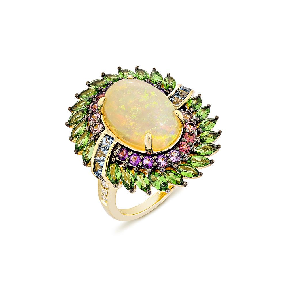 Contemporary 4.80 Carat Opal Fancy Ring in 18KYG with Multi Gemstone and Diamond.   For Sale