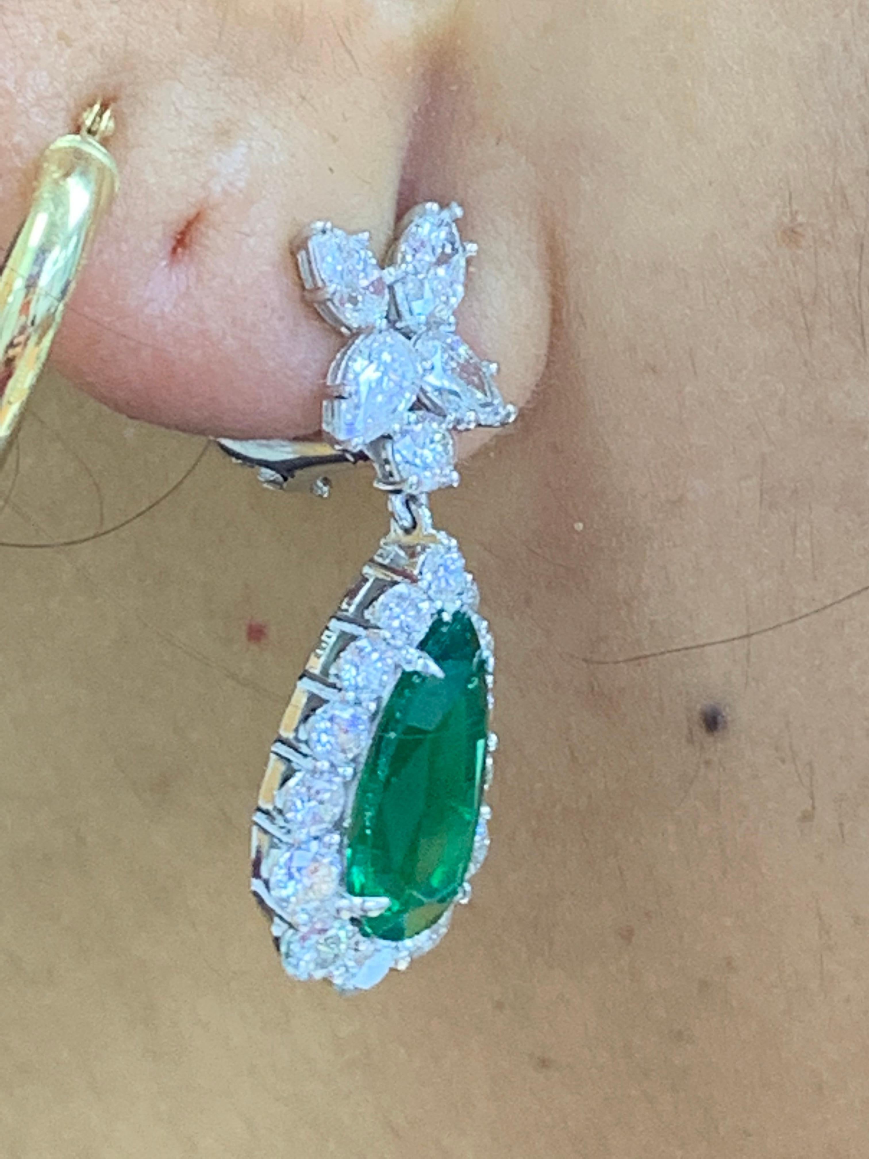 4.80 Carat Pear Shape Emerald and Diamond Drop Earrings in 18K White Gold For Sale 11