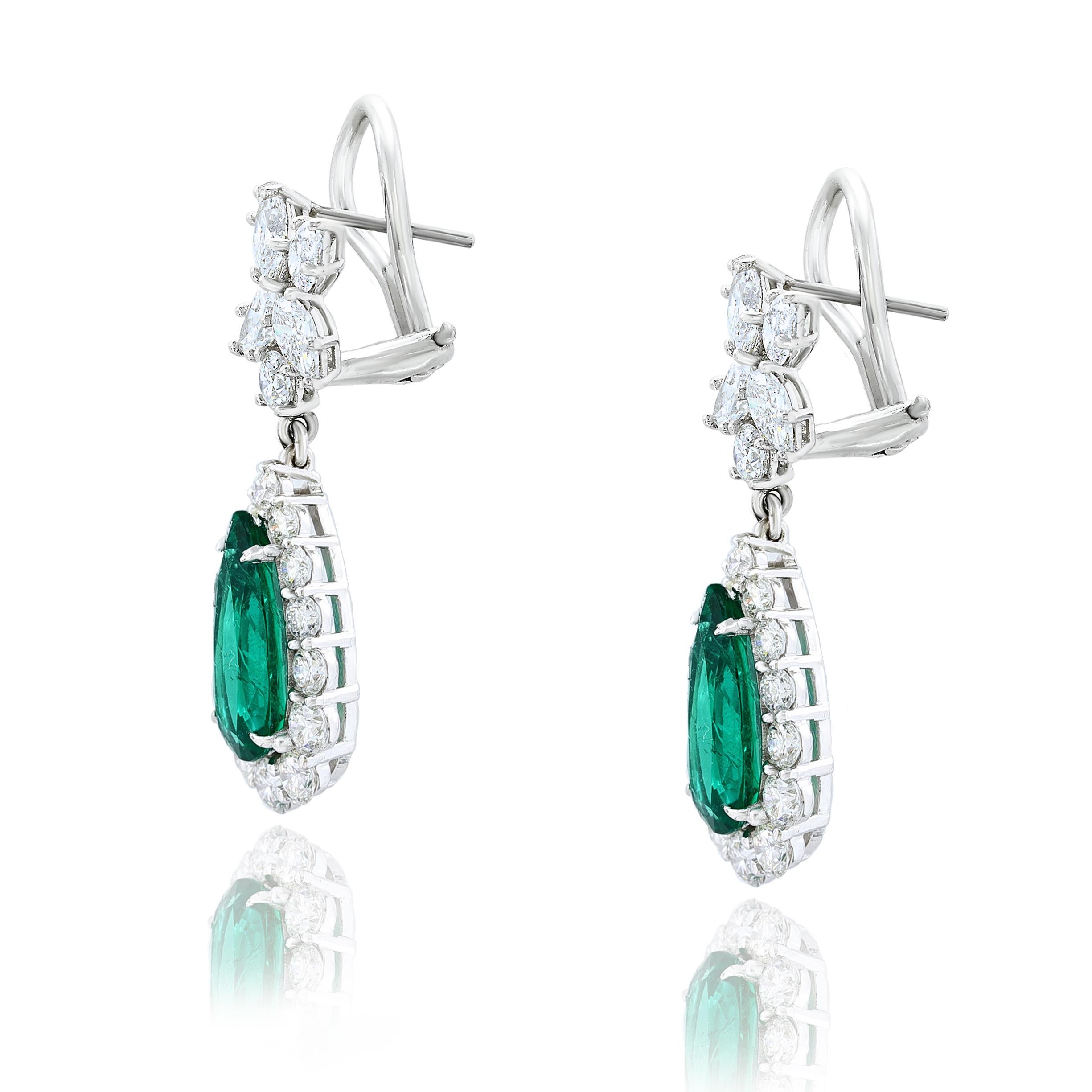 Contemporary 4.80 Carat Pear Shape Emerald and Diamond Drop Earrings in 18K White Gold For Sale