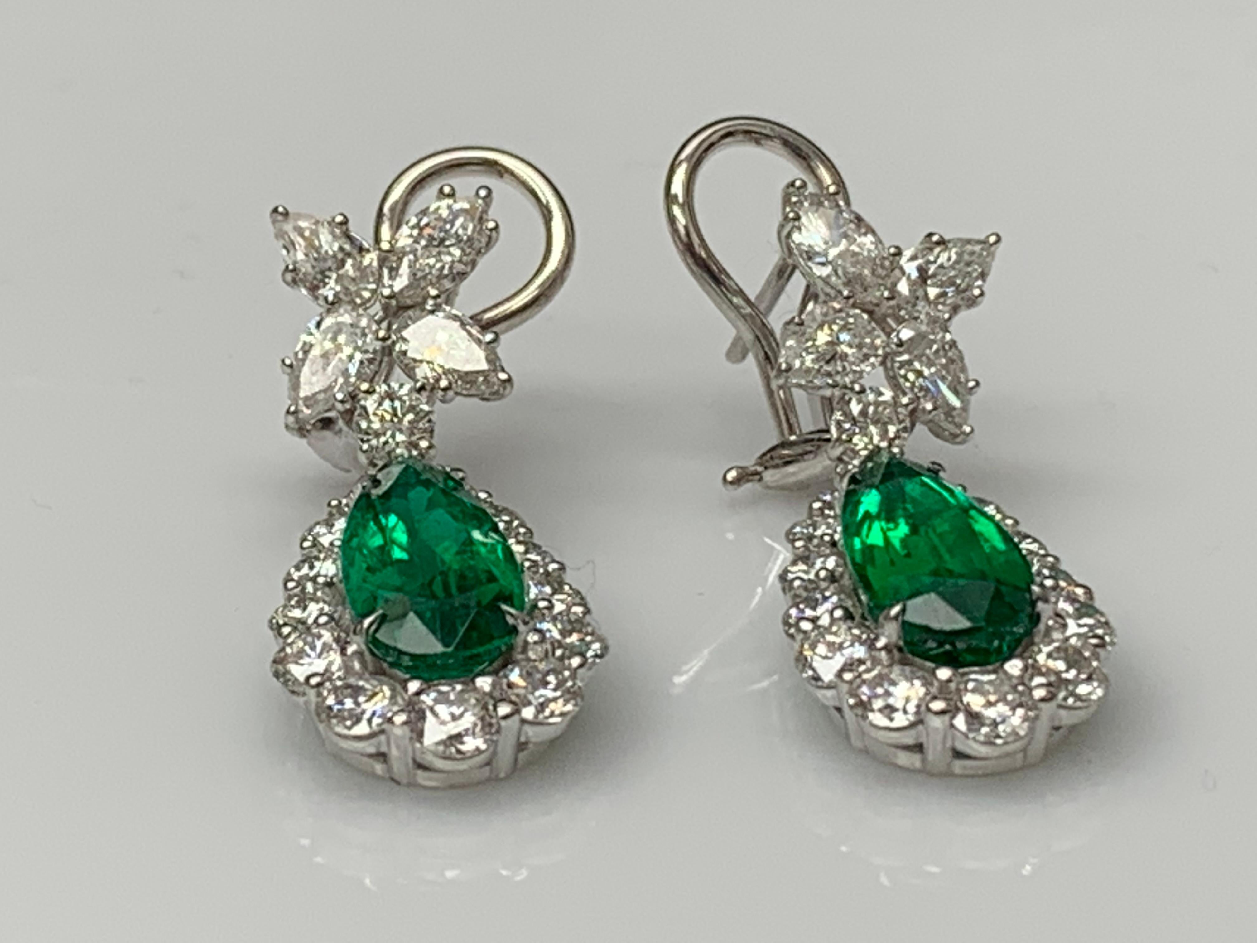 Pear Cut 4.80 Carat Pear Shape Emerald and Diamond Drop Earrings in 18K White Gold For Sale