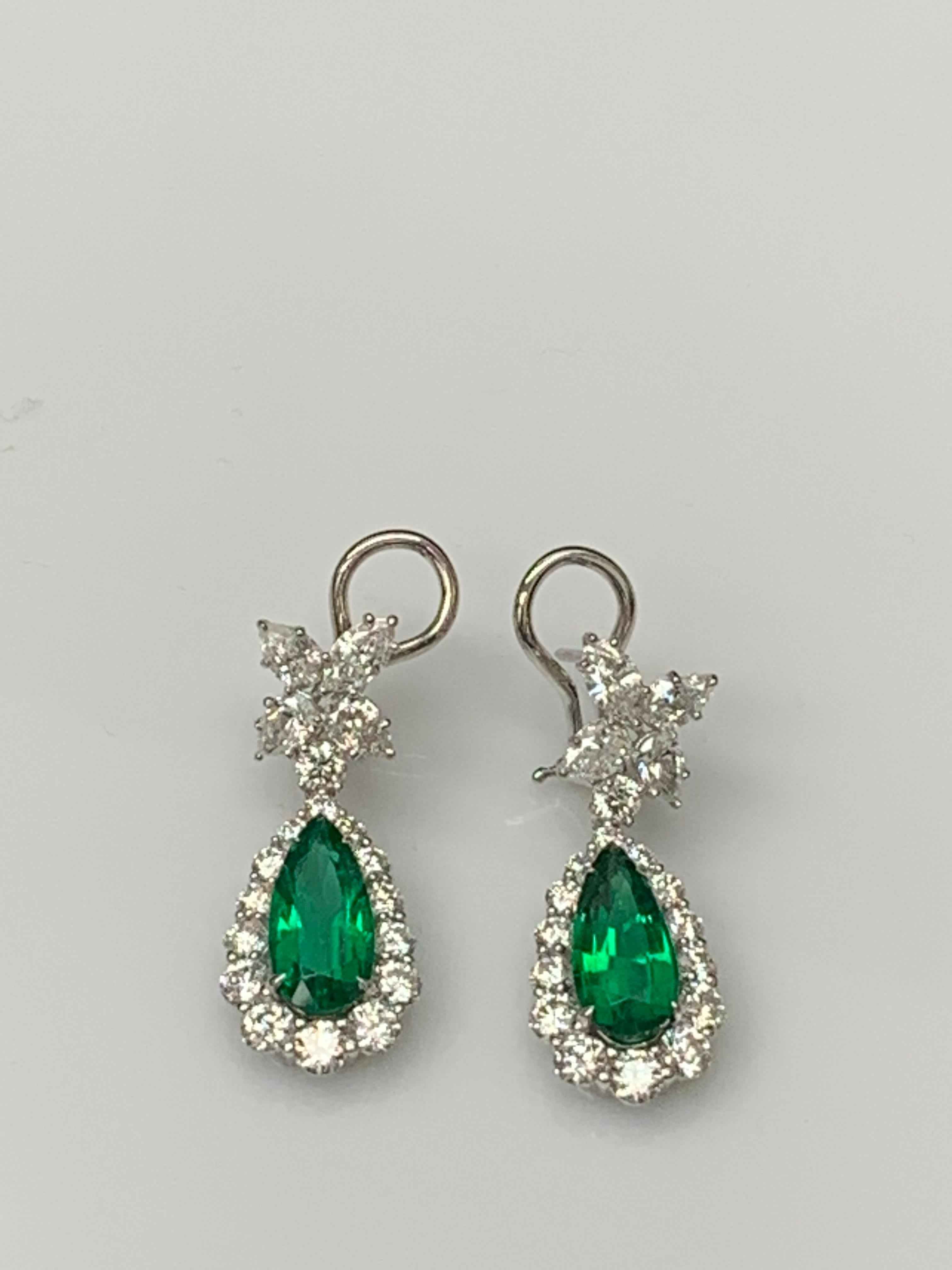 Women's 4.80 Carat Pear Shape Emerald and Diamond Drop Earrings in 18K White Gold For Sale