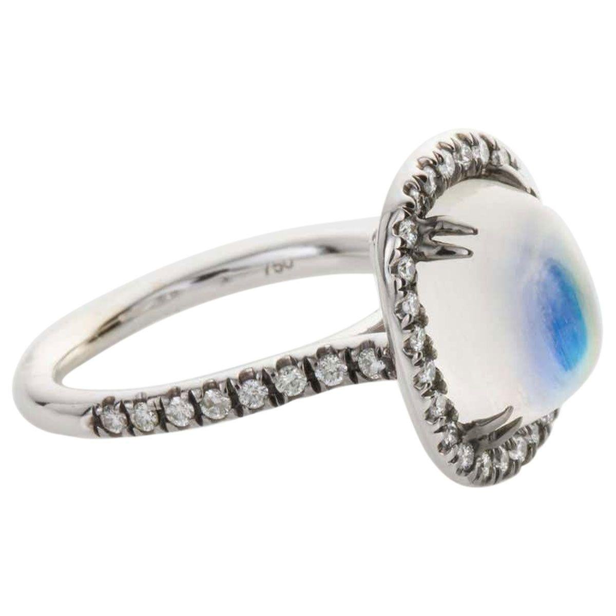 Oval Cut 4.80 Carat Rainbow Moonstone & Diamond 18 Karat White Gold Ring For Sale
