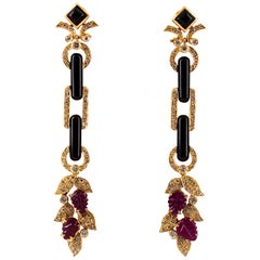 4.80 Carat Ruby 1.76 Carat White Diamond Onyx Yellow Gold Clip-On Drop Earrings