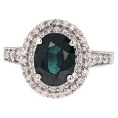4.80 Carat Sapphire Diamond Double Halo 14k White Gold Engagement Ring