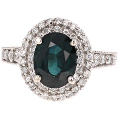 4.80 Carat Sapphire Diamond Double Halo 14K White Gold Engagement Ring