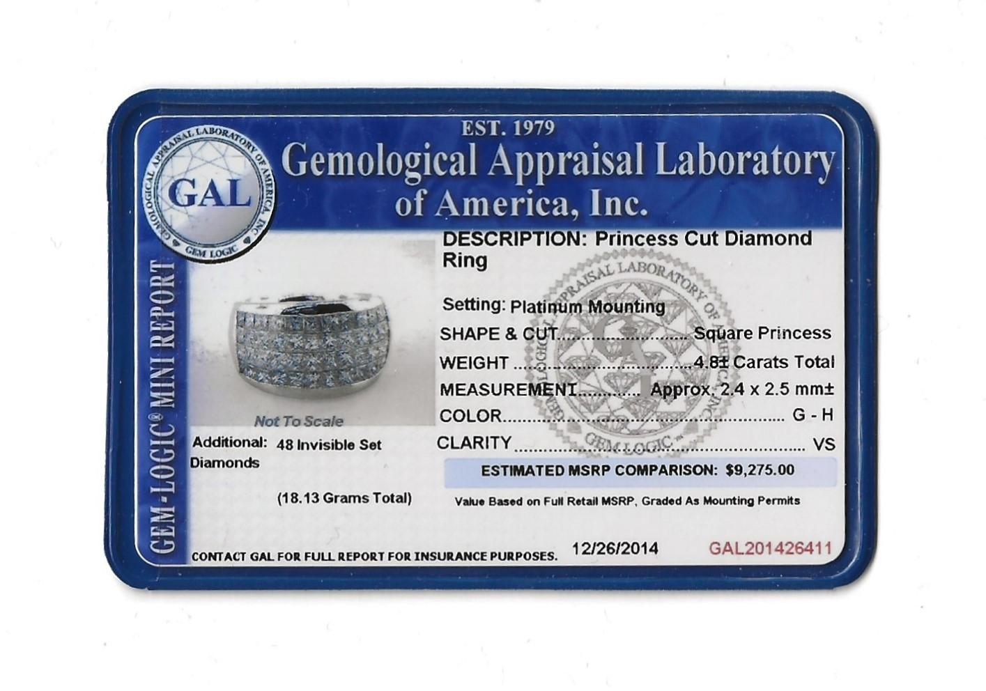 Platinbandring mit insgesamt 4,80 Karat Diamanten im Prinzessinnenschliff, unsichtbar gefasst, mehrere Reihen im Angebot 9