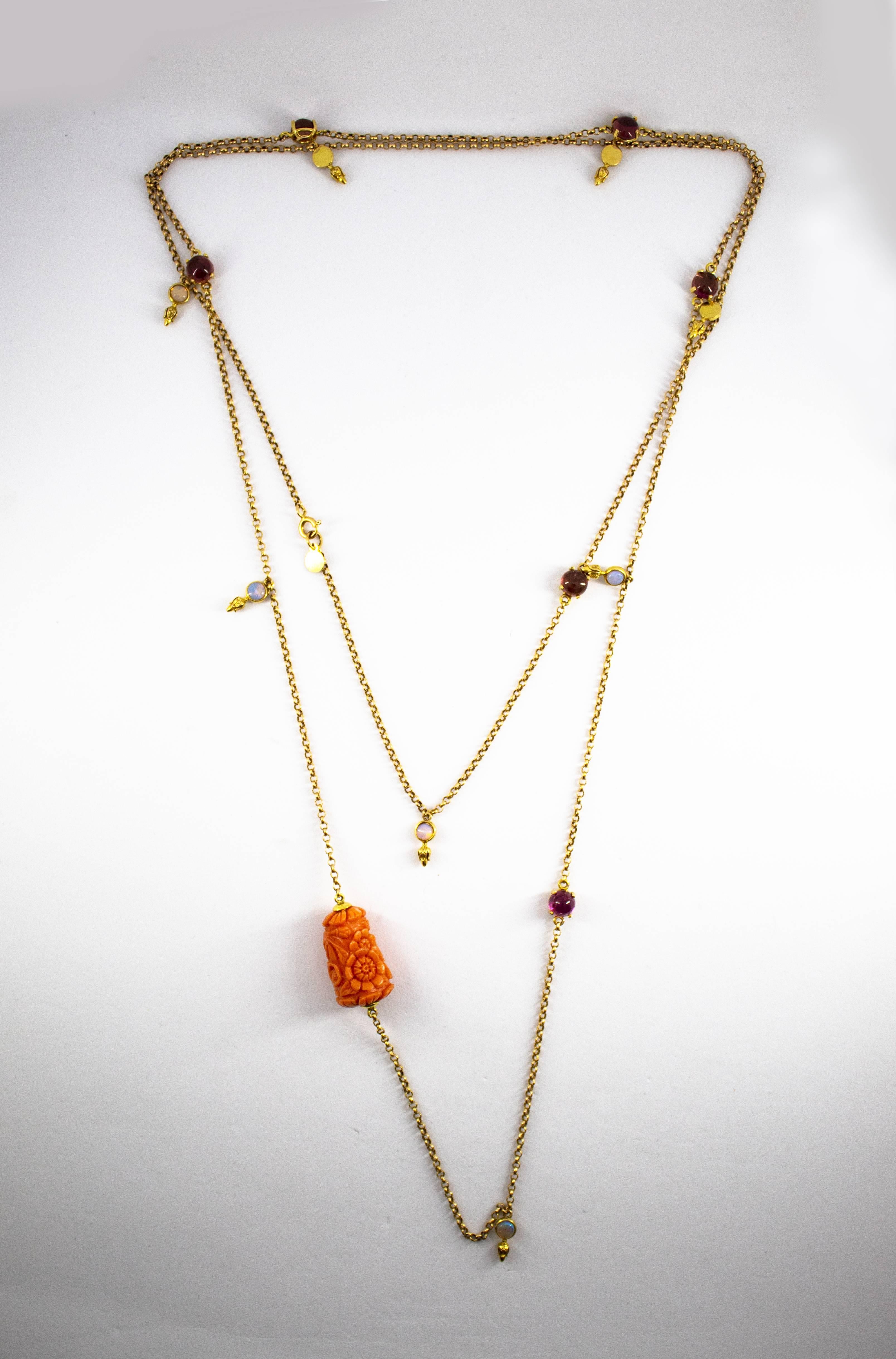 This Necklace is made of 14K Yellow Gold.
This Necklace has 0.80 Carats of Opals.
This Necklace has 4.80 Carats of Tourmaline.
This Necklace has Pink Coral.
The Necklace Length is 115cm.
We're a workshop so every piece is handmade, customizable and