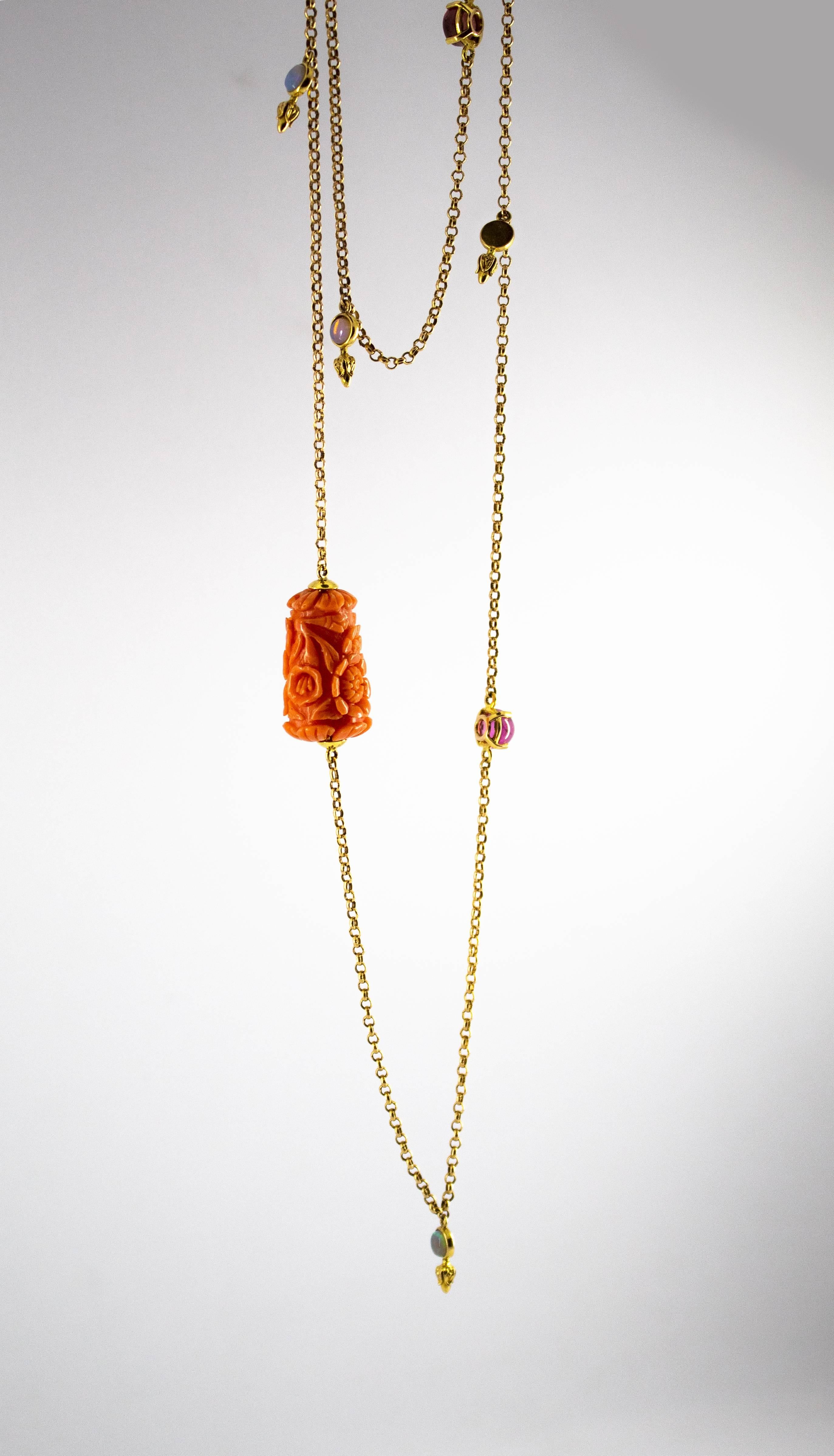 4.80 Carat Tourmaline Pink Coral 0.80 Carat Opal Yellow Gold Drop Necklace In New Condition In Naples, IT