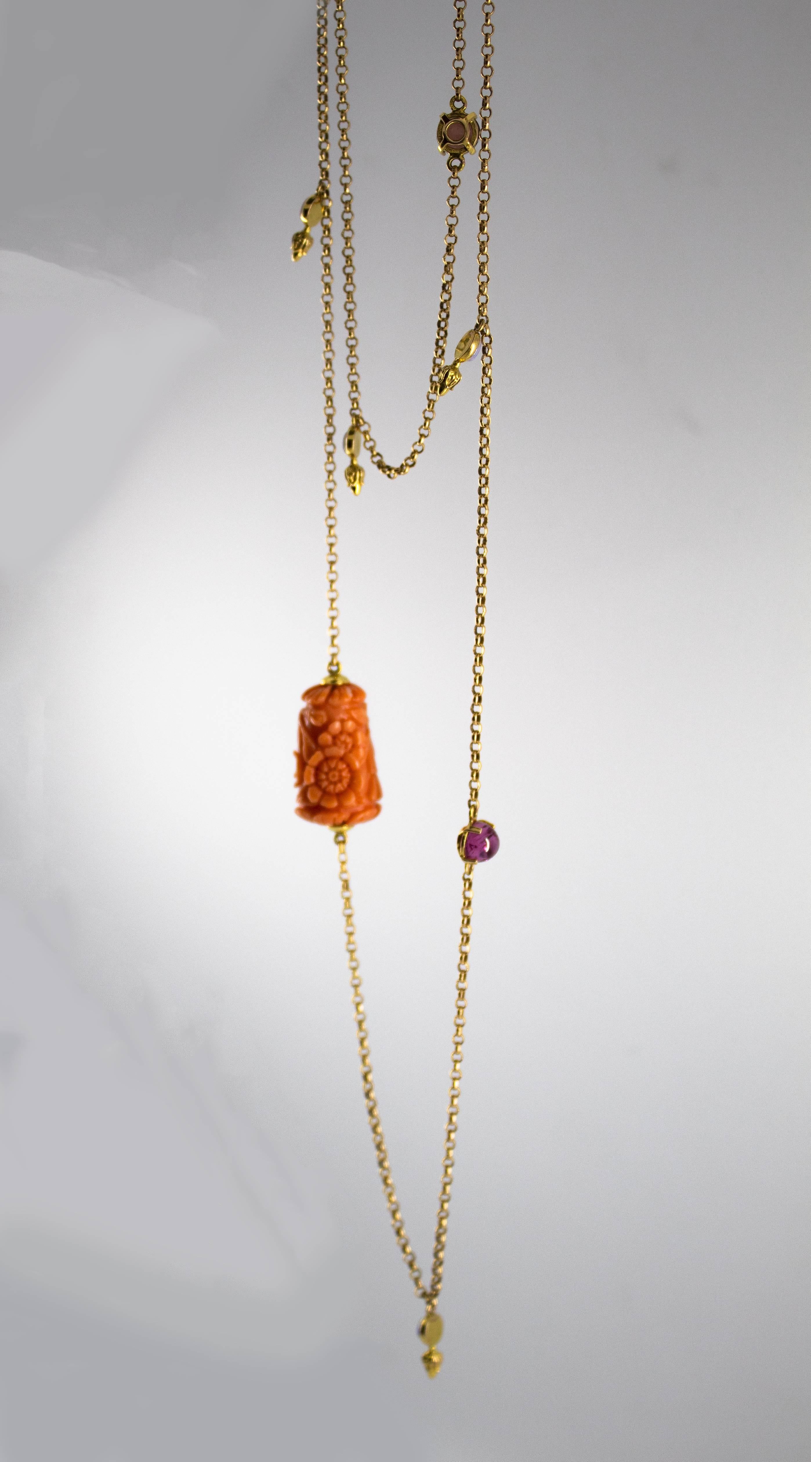 Women's or Men's 4.80 Carat Tourmaline Pink Coral 0.80 Carat Opal Yellow Gold Drop Necklace