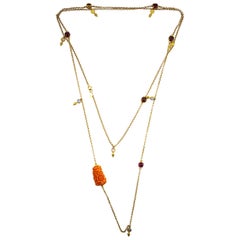 4.80 Carat Tourmaline Pink Coral 0.80 Carat Opal Yellow Gold Drop Necklace