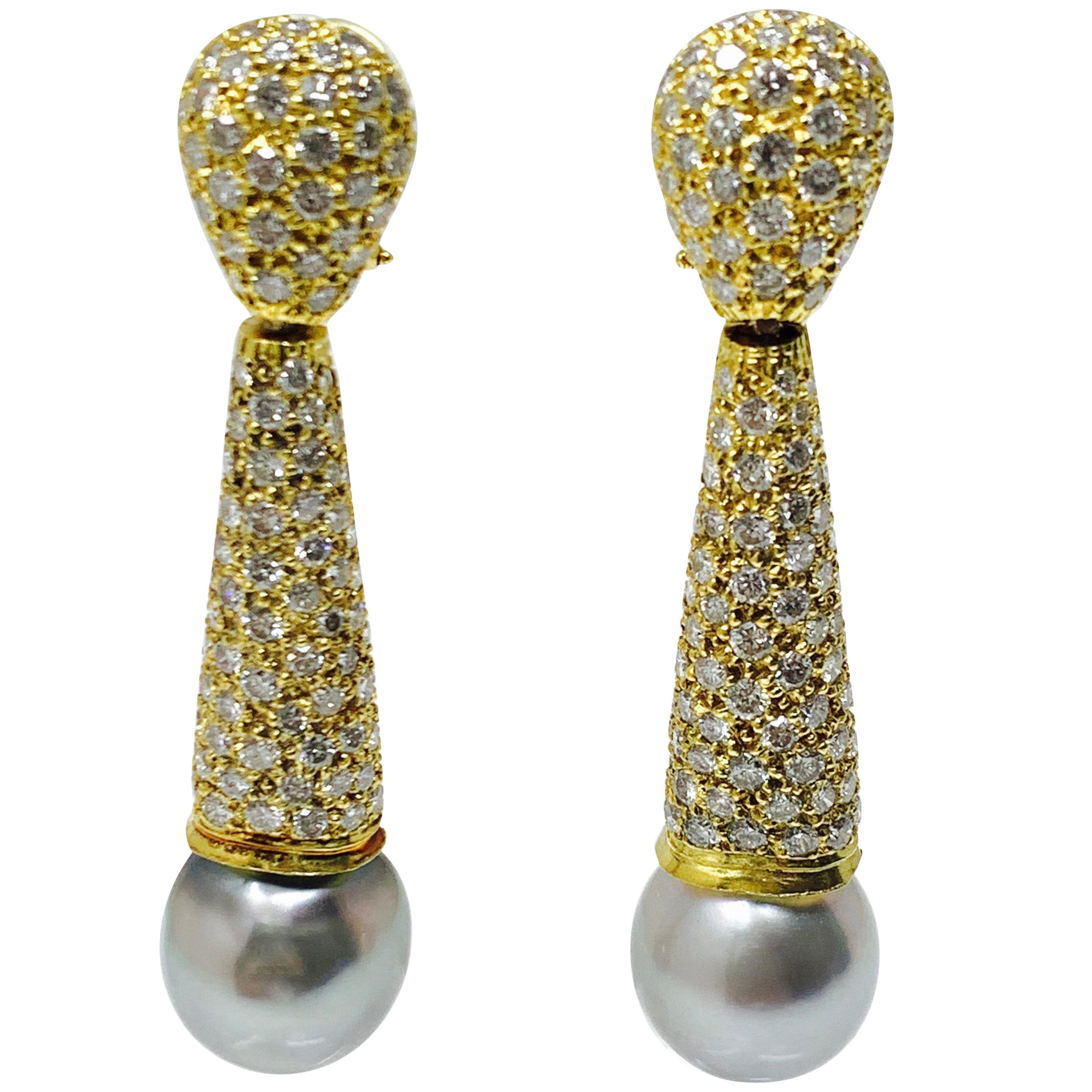 4.80 Carat White Diamond and South Sea Pearl Earrings in 18 Karat Yellow Gold For Sale
