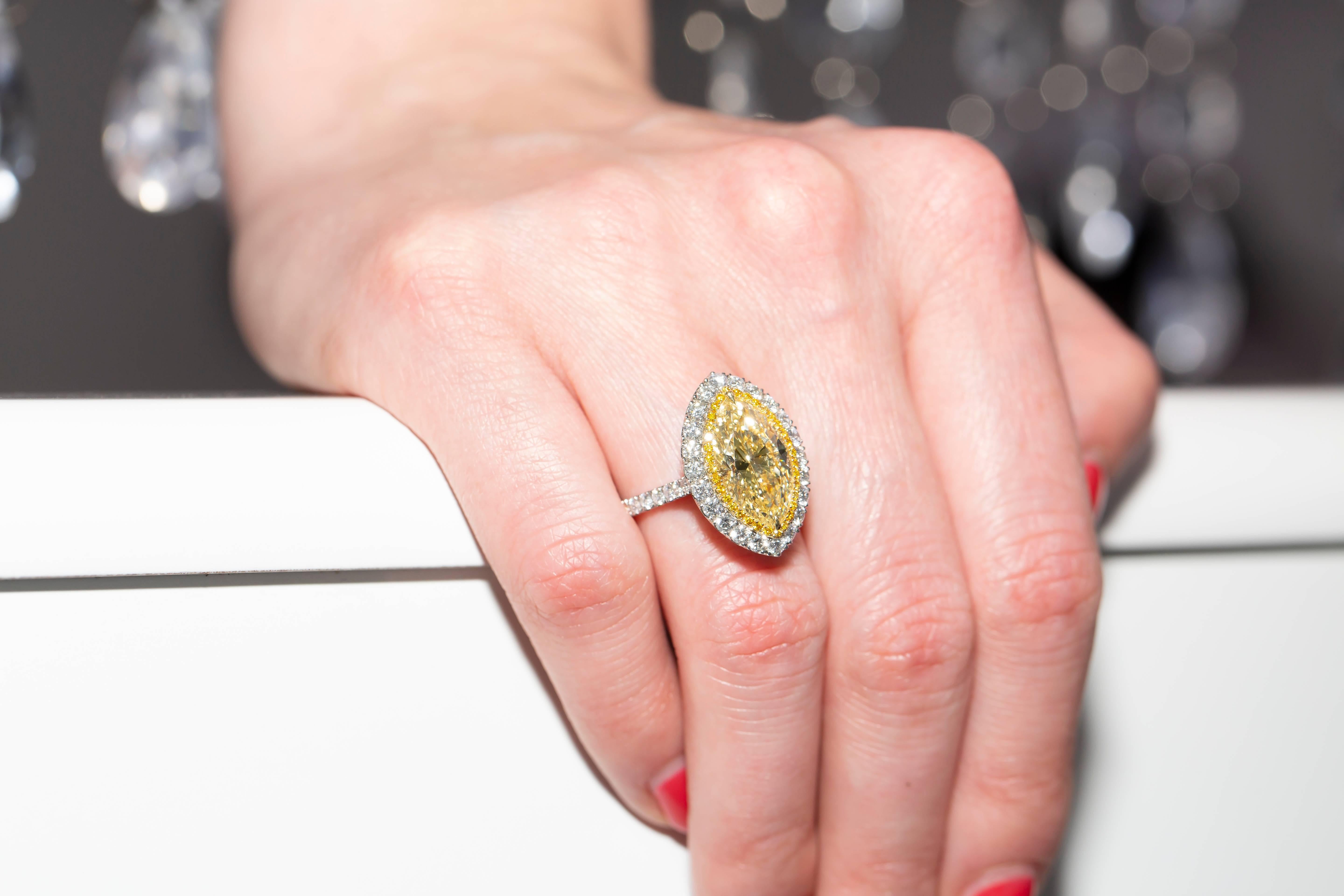 Modern 4.80 Carat Yellow Marquise White Diamond Platinum Double Halo Engagement Ring For Sale