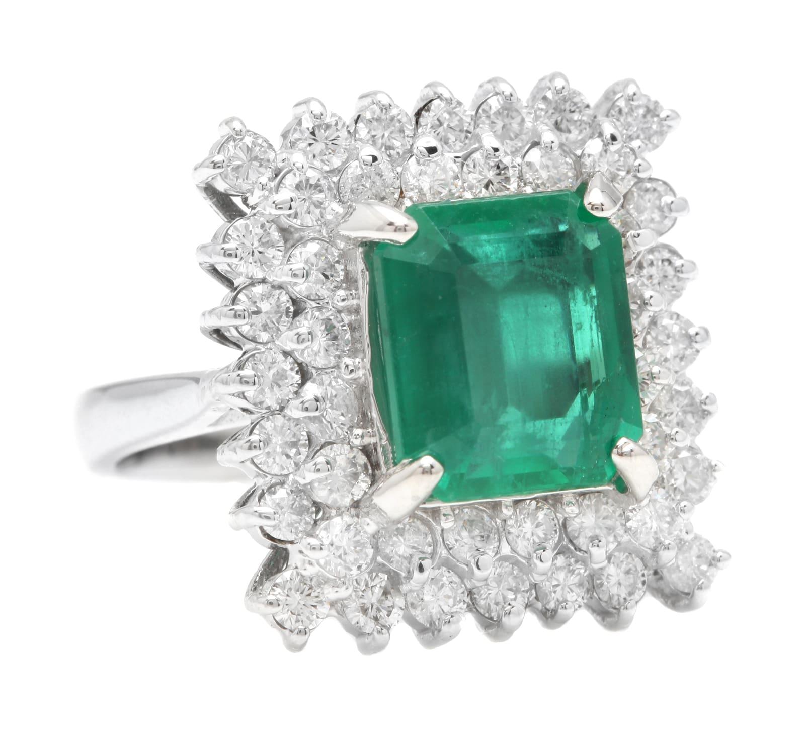 4.80 Carats Natural Emerald and Diamond 14K Solid White Gold Ring

Suggested Replacement Value: Approx. $8,000.00

Total Natural Green Emerald Weight is: Approx. 3.30 Carats (transparent)

Emerald Measures: Approx. 11 x 10mm

Emerald Treatment: