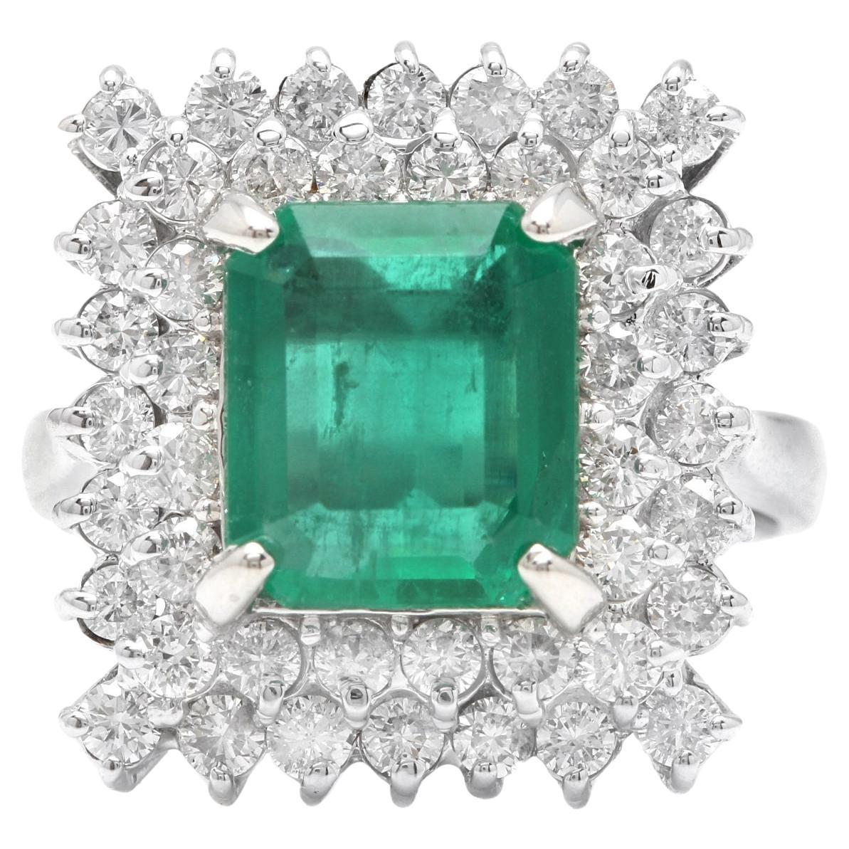 4.80 Carats Natural Emerald and Diamond 14K Solid White Gold Ring