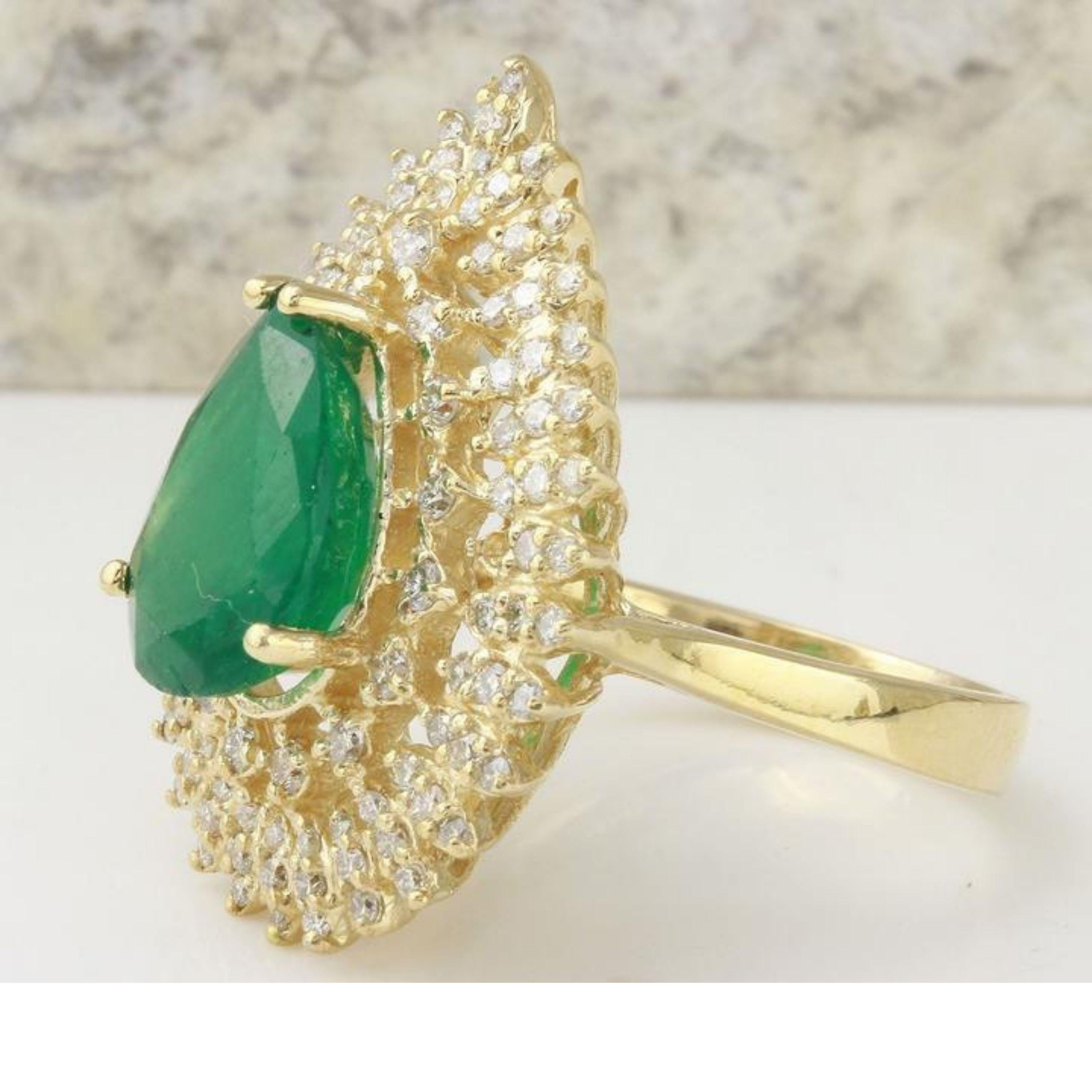 4.80 Carats Natural Emerald and Diamond 14K Solid Yellow Gold Ring

Total Natural Pear Cut Emerald Weight is: 3.30 Carats

Emerald Measures: 12.12 x 8.77mm

Head of the ring measures: 26.3 x 20.35

Natural Round Diamonds Weight: 1.50 Carats (color