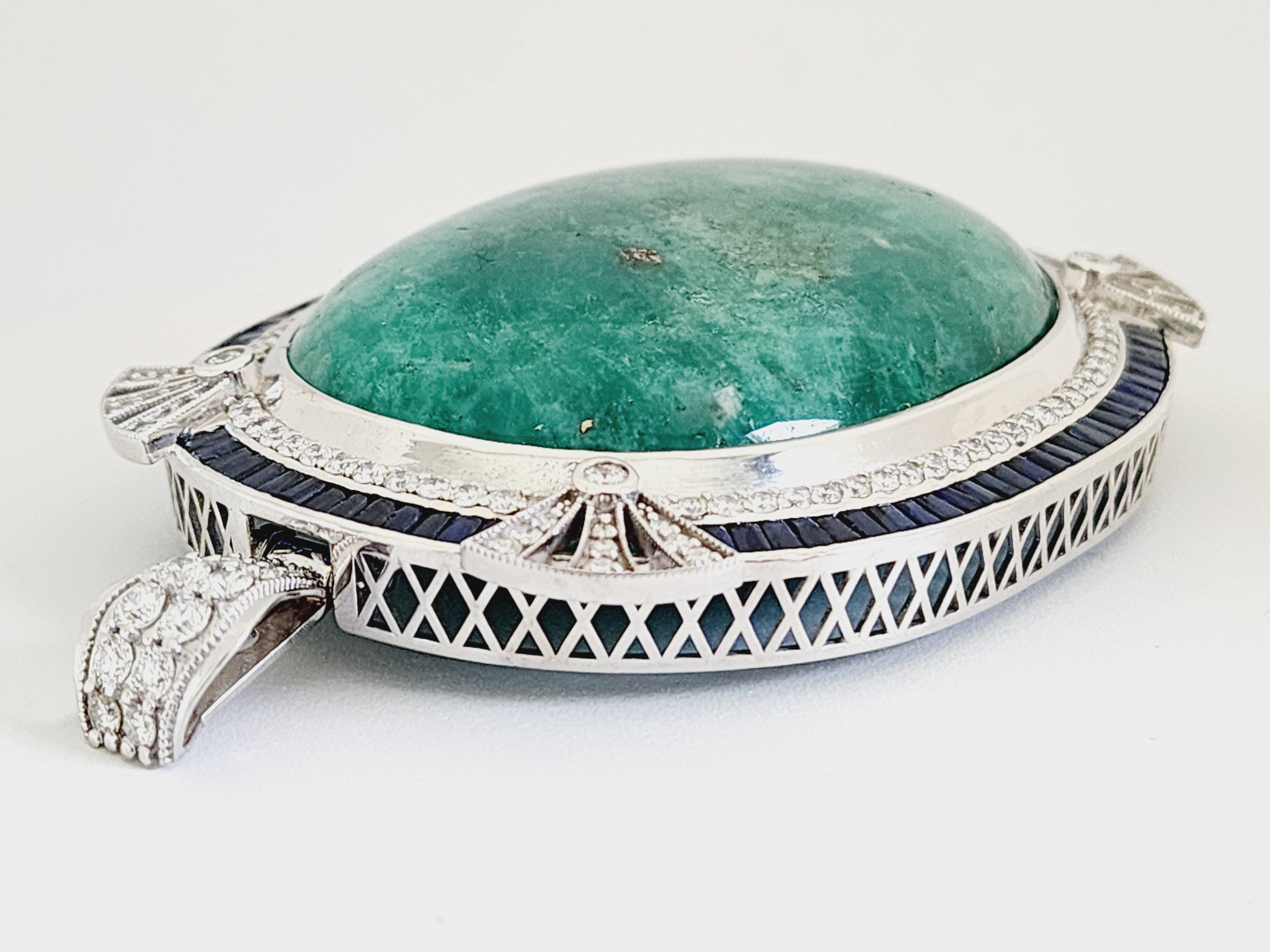 Women's or Men's 480 Carats Natural Emerald Diamond Sapphire Pendant White Gold 18 Karat For Sale