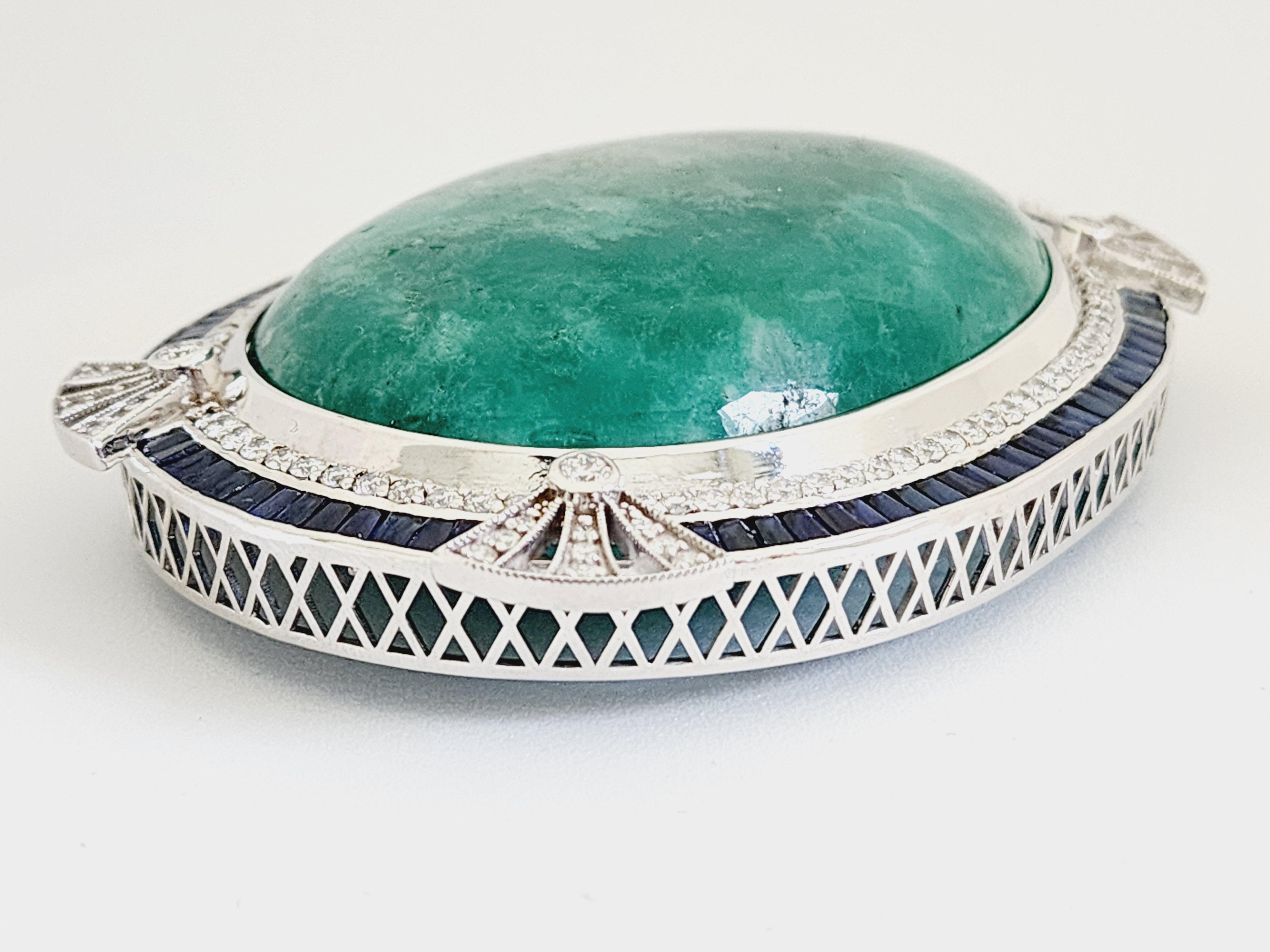 480 Carats Natural Emerald Diamond Sapphire Pendant White Gold 18 Karat For Sale 2