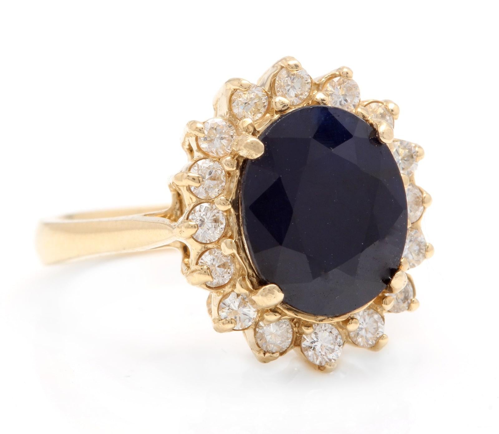 4.80 Carats Impressive Natural Sapphire and Natural Diamond 14K Yellow Gold Ring

Stamped: 14K

Suggested Replacement Value: $5,600.00

Total Sapphire Weight is: Approx. 4.20 Carats

Sapphire Treatment: Diffusion

Sapphire Measures: Approx. 11.00 x
