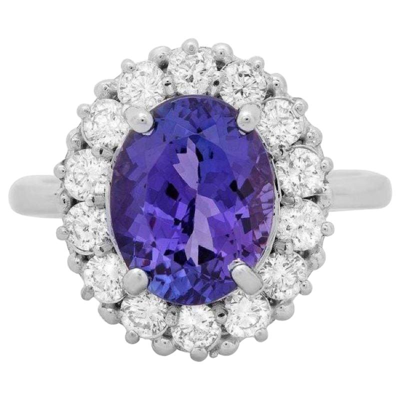 4.80 Carats Natural Tanzanite and Diamond 14k Solid White Gold Ring