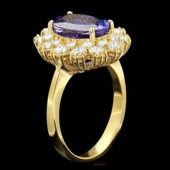4.80 Carats Natural Tanzanite and Diamond 14K Solid Yellow Gold Ring