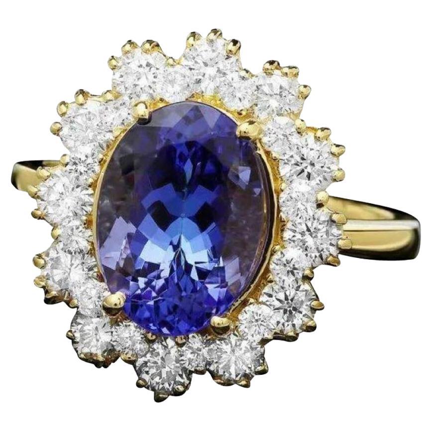 Anillo de oro amarillo macizo de 14 quilates con tanzanita natural y diamantes de 4,80 quilates