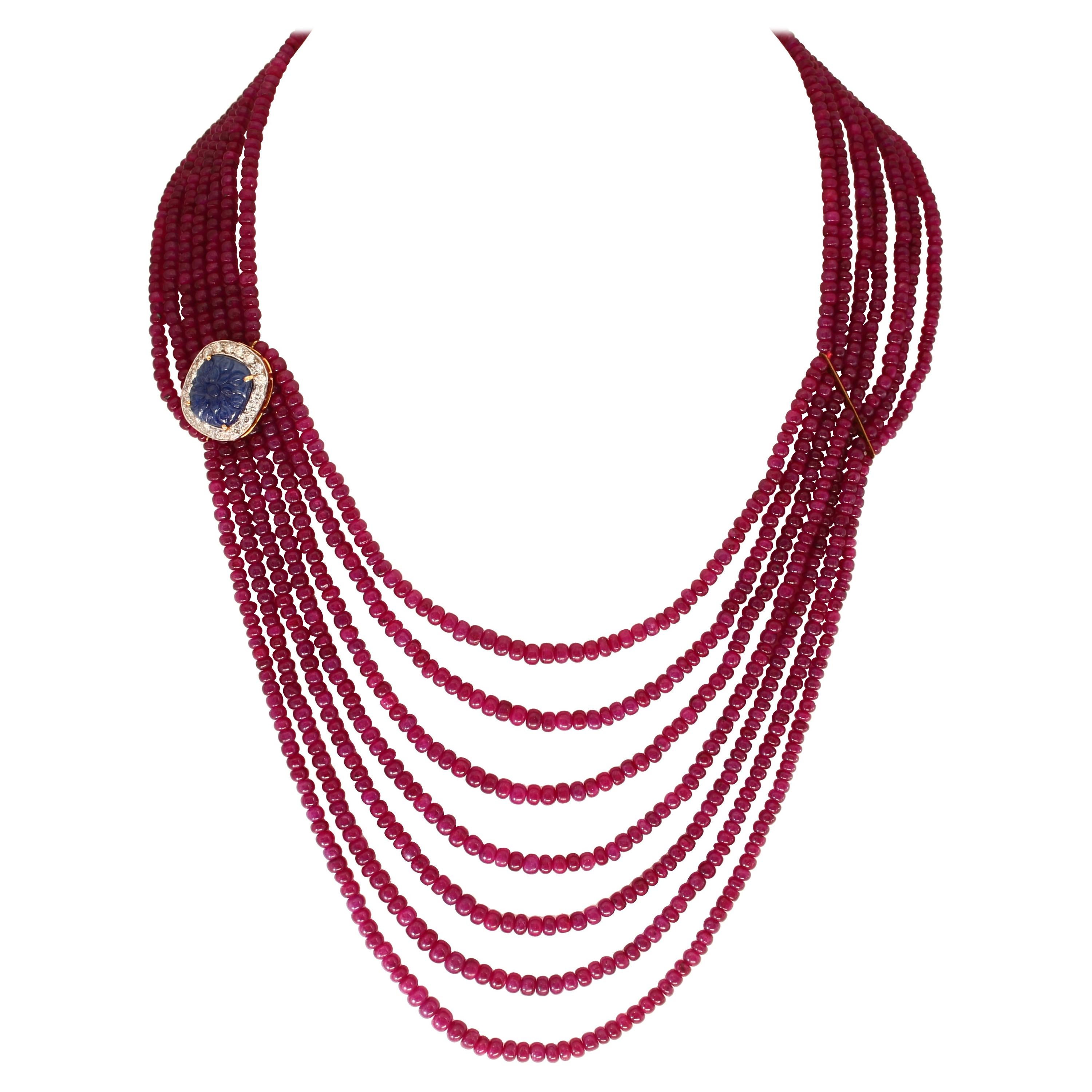 480 Ct 7 Layer Natural Smooth Ruby Bead Necklace 14k Gold Sapphire Diamond Clasp For Sale