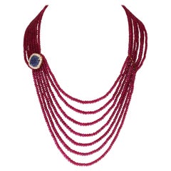 480 Ct 7 Layer Natural Smooth Ruby Bead Necklace 14k Gold Sapphire Diamond Clasp