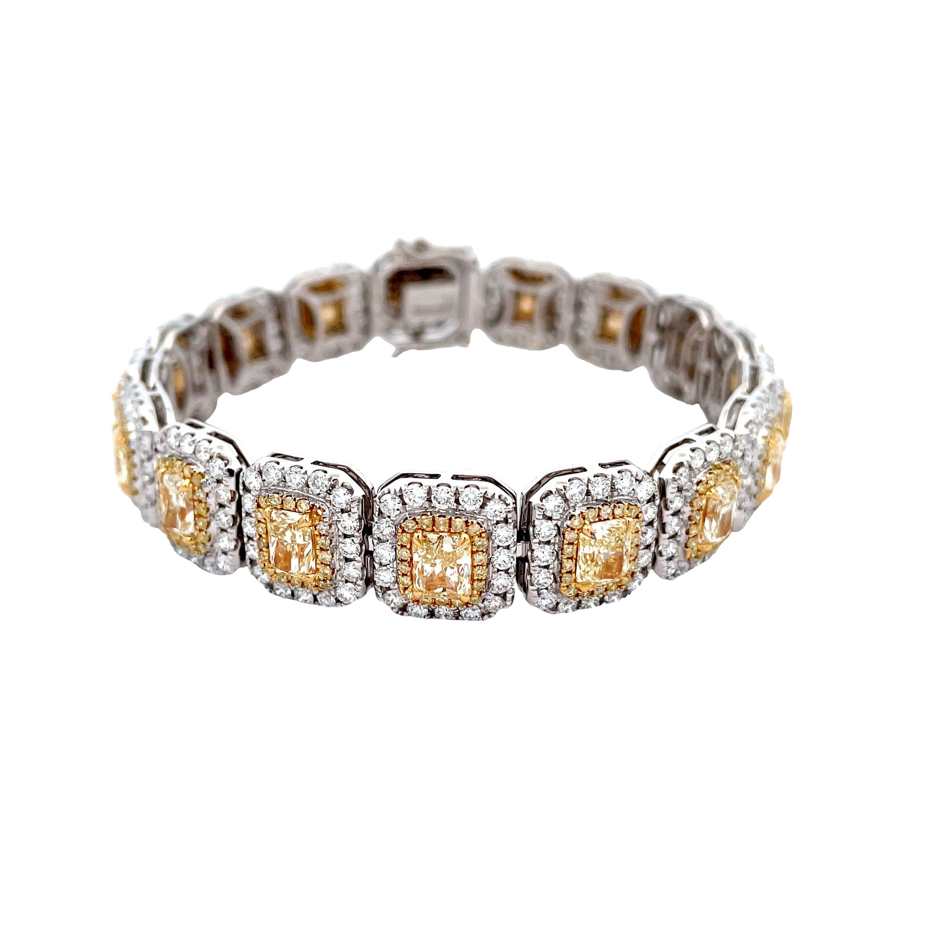 Diamond Shape: The white diamonds are round-cut, while the yellow diamonds come in mixed shapes 
Metal: The bracelet is made of 18 karat yellow and white gold (denoted as 18KY/W, indicating a combination of yellow and white gold)
Design: The