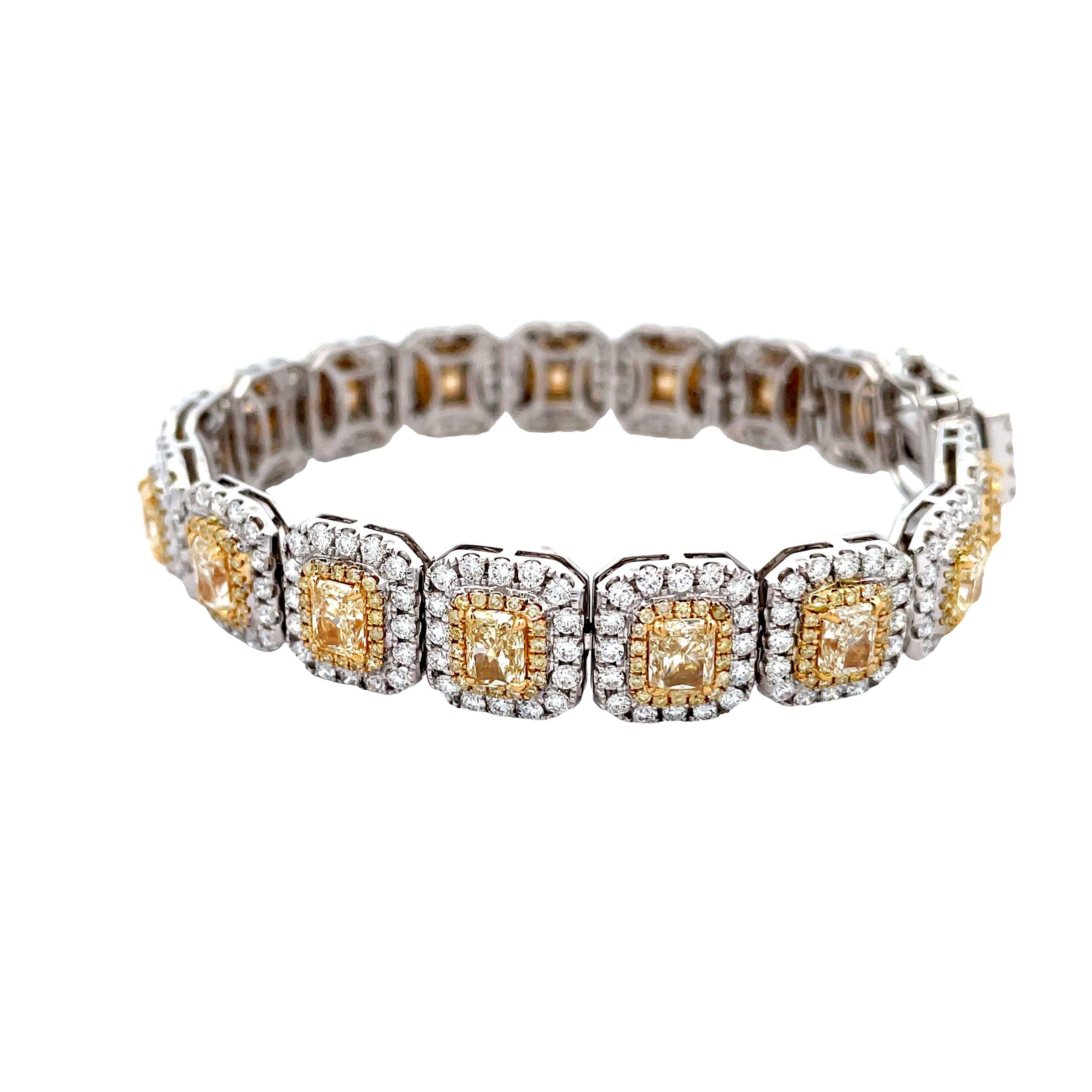 Cushion Cut 4.80 CT White Diamond Round Yellow Diamond (MIX SHAPE) 10.16 CT 18KY/W Bracelet For Sale
