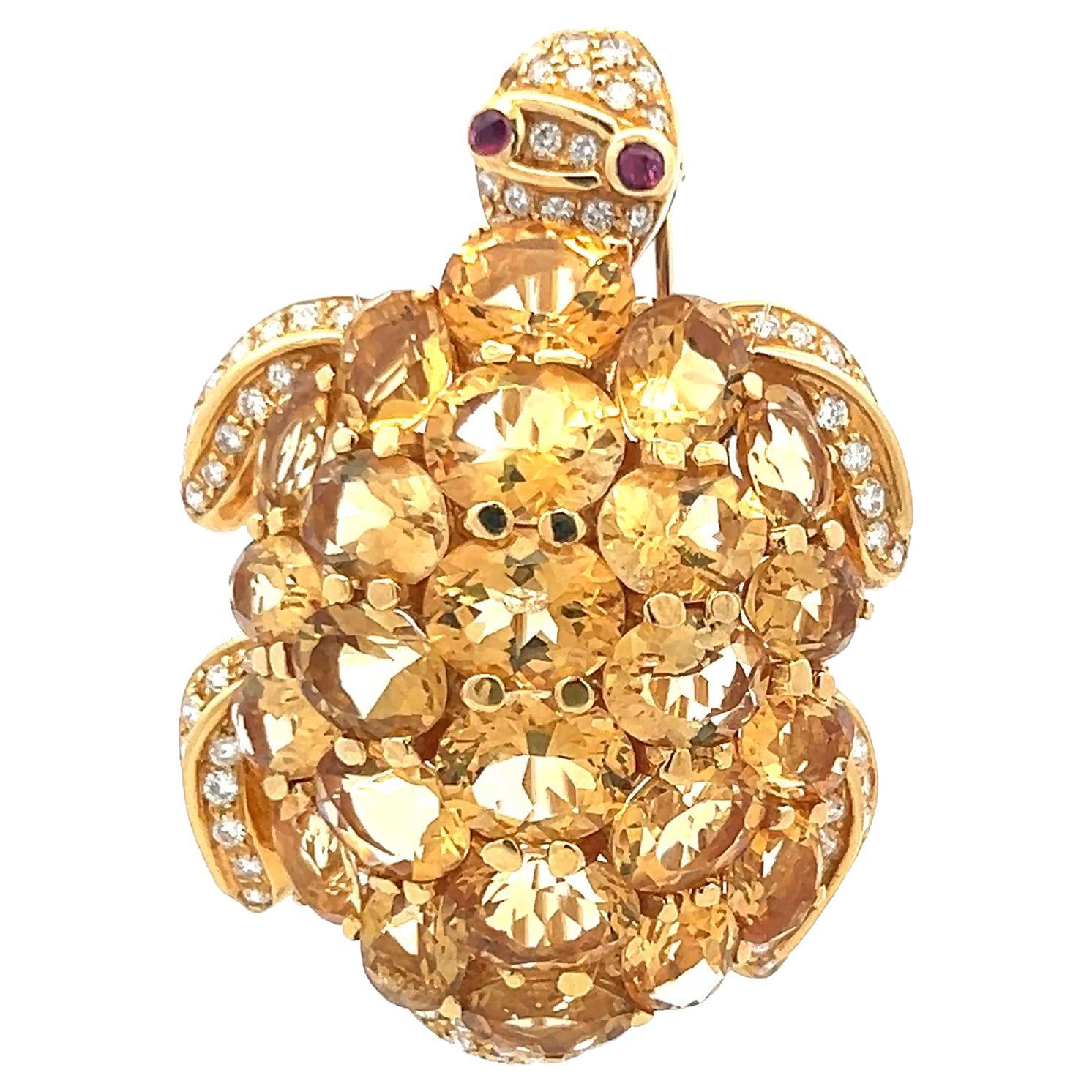 48.00 Carat Citrine 2.50 Carat Round Diamond 18K Yellow Gold Pin Brooch
