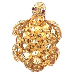 48.00 Carat Citrine 2.50 Carat Round Diamond 18K Yellow Gold Pin Brooch
