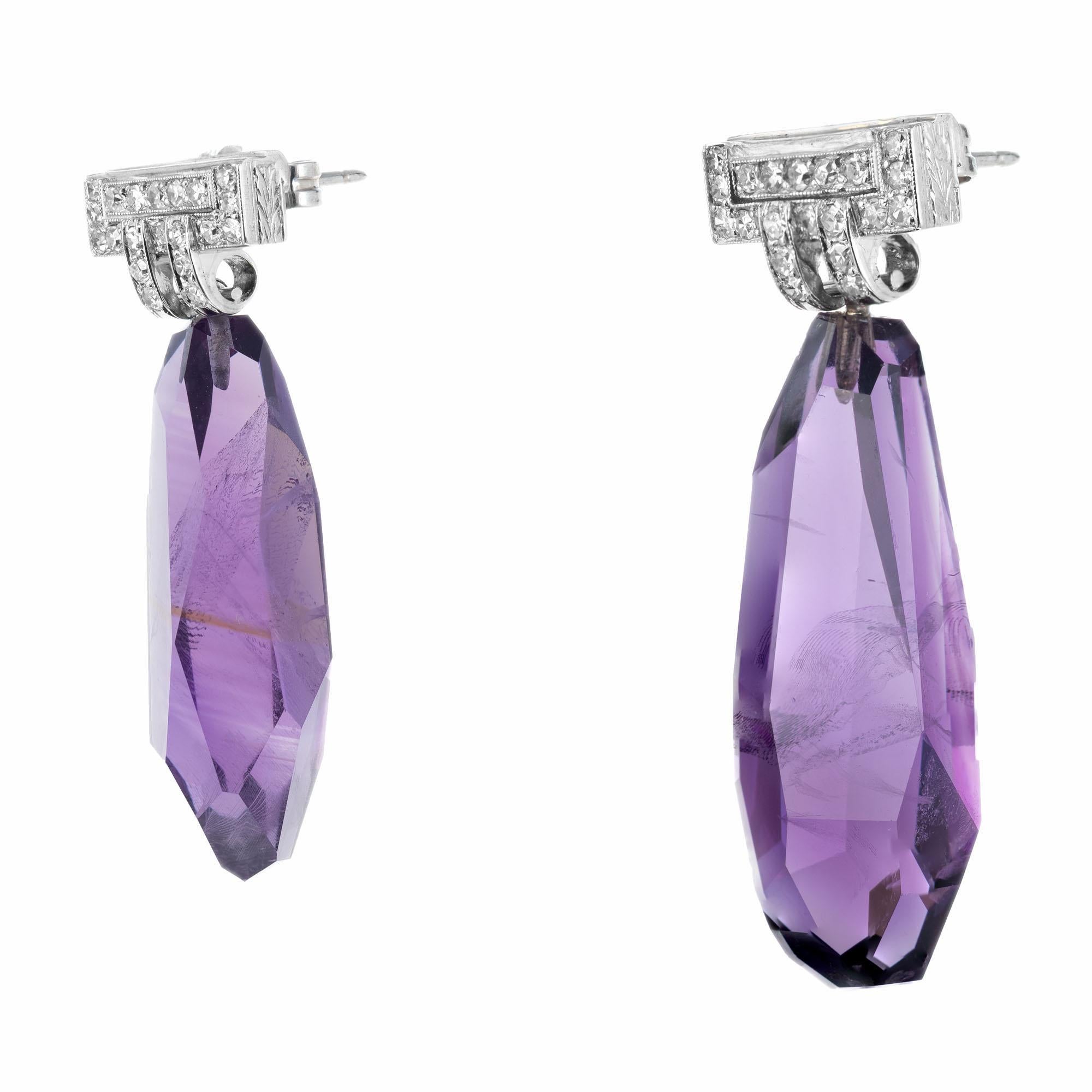 Round Cut 48.00 Carat Natural Amethyst Diamond Platinum Dangle Earrings For Sale