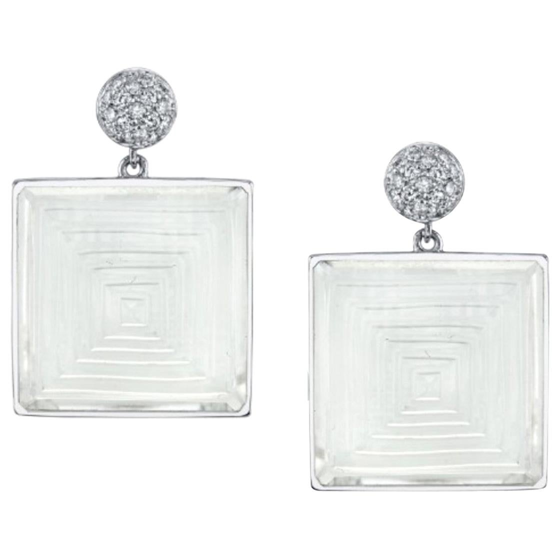 Rock Crystal Pyramid and Diamond Drop Earrings in White Gold, 48 Carats Total
