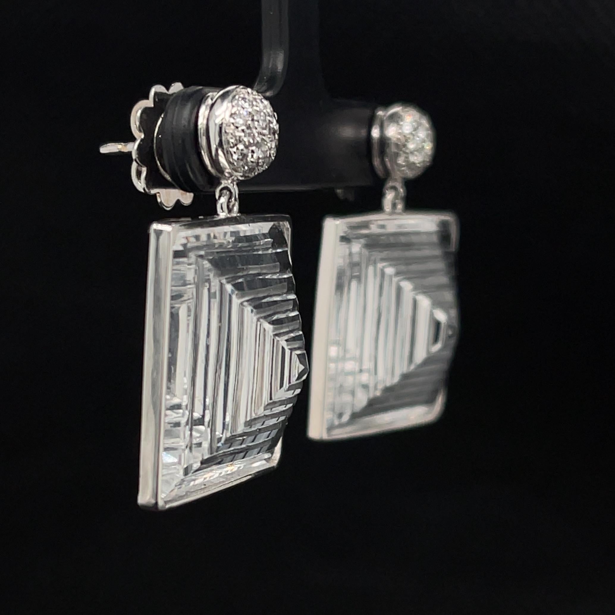 Artisan Rock Crystal Pyramid and Diamond Drop Earrings in White Gold, 48 Carats Total For Sale