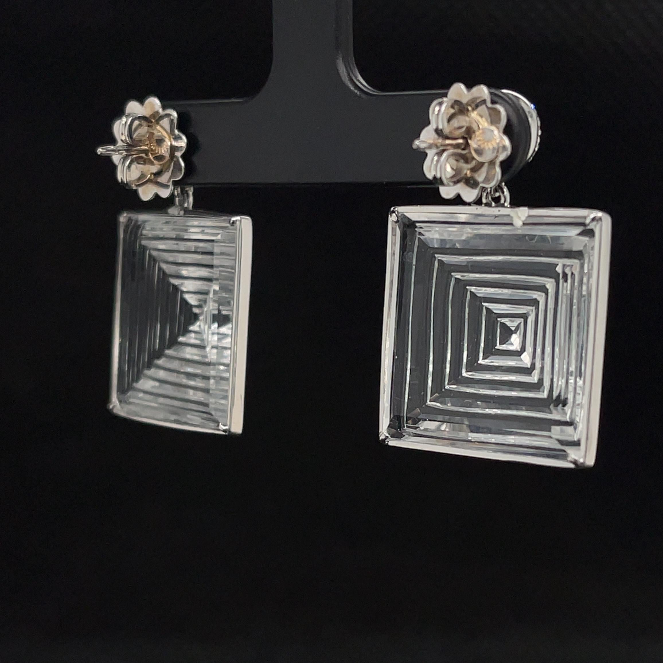 Square Cut Rock Crystal Pyramid and Diamond Drop Earrings in White Gold, 48 Carats Total For Sale