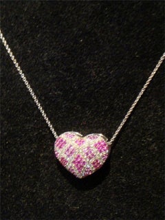 $4800 Rare Important 18KT Gold Ruby & Pink Sapphire Heart Pendant Necklace