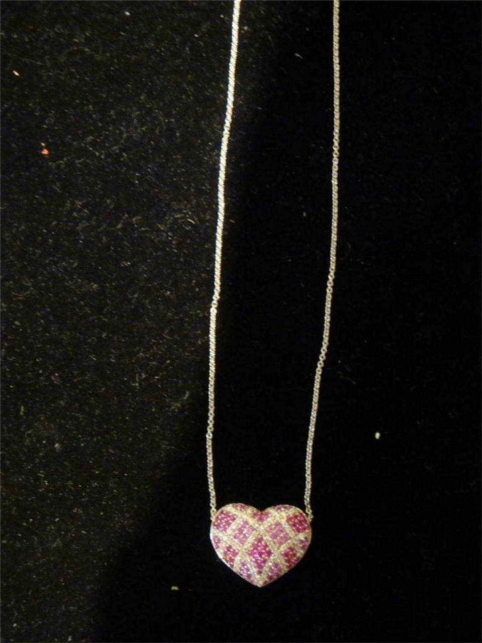 Mixed Cut $4800 Rare Important 18KT Gold Ruby & Pink Sapphire Heart Pendant Necklace For Sale