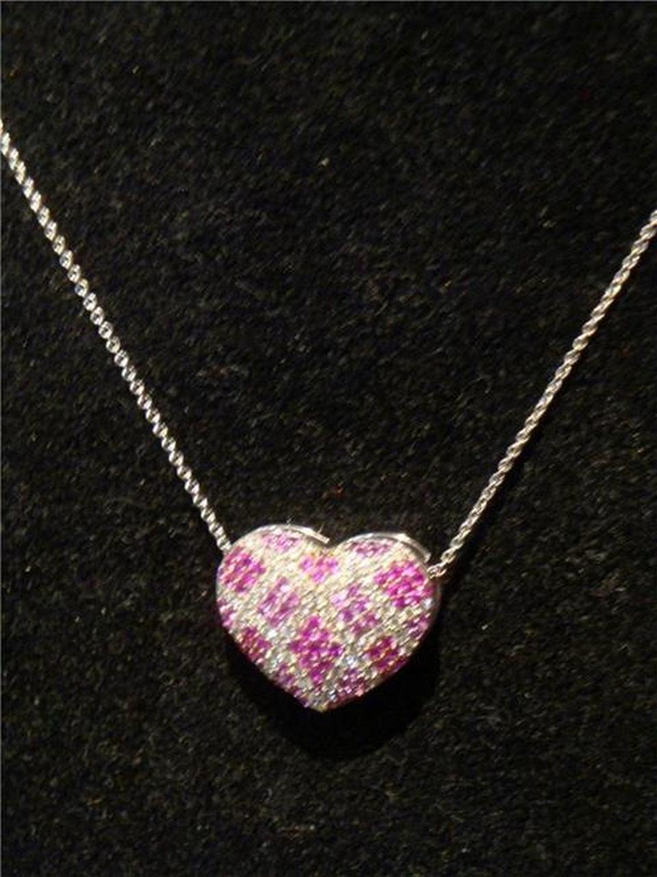 $4800 Rare Important 18KT Gold Ruby & Pink Sapphire Heart Pendant Necklace In New Condition For Sale In New York, NY