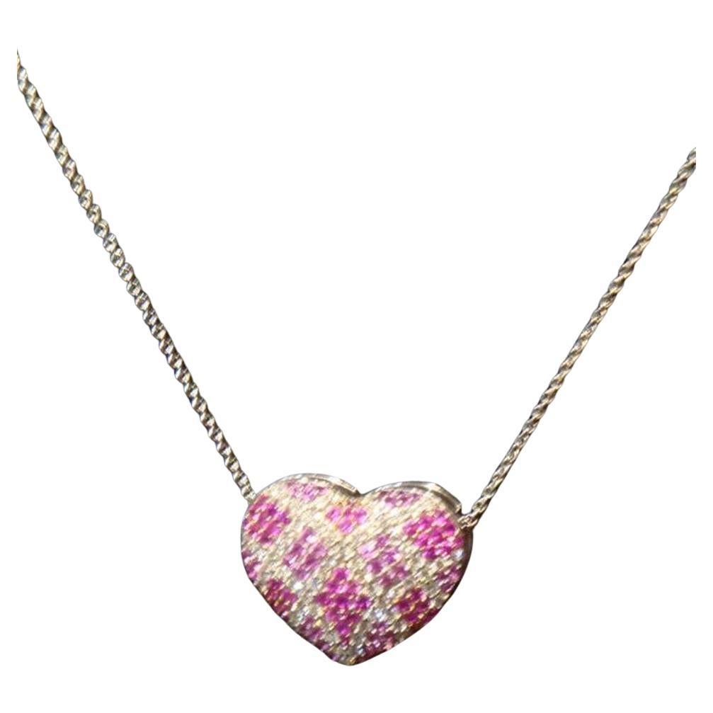 $4800 Rare Important 18KT Gold Ruby & Pink Sapphire Heart Pendant Necklace For Sale