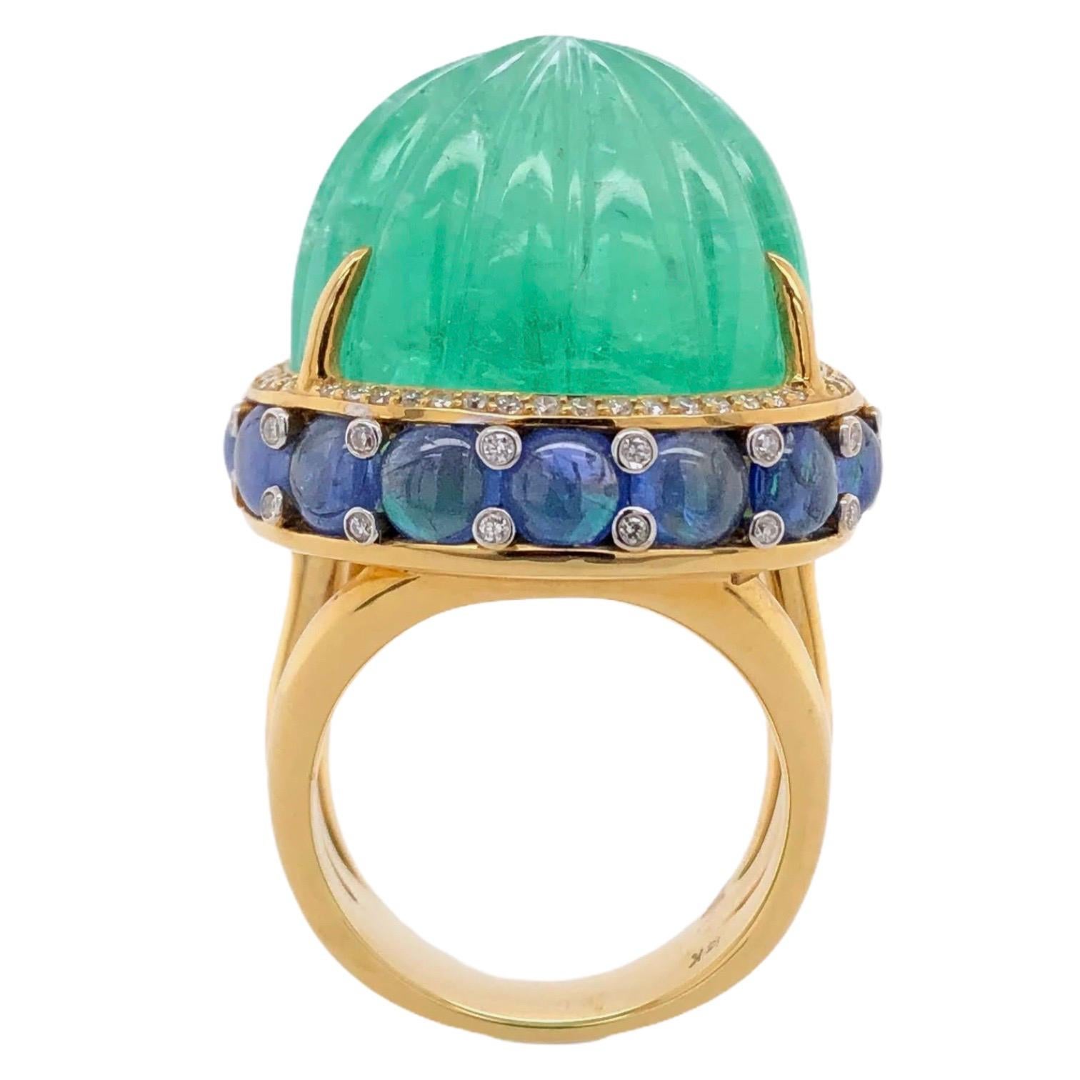 Women's or Men's 48.00ct GRS Certified Colombia Emerald Ring with Cabochon Sapphires and Diamonds For Sale