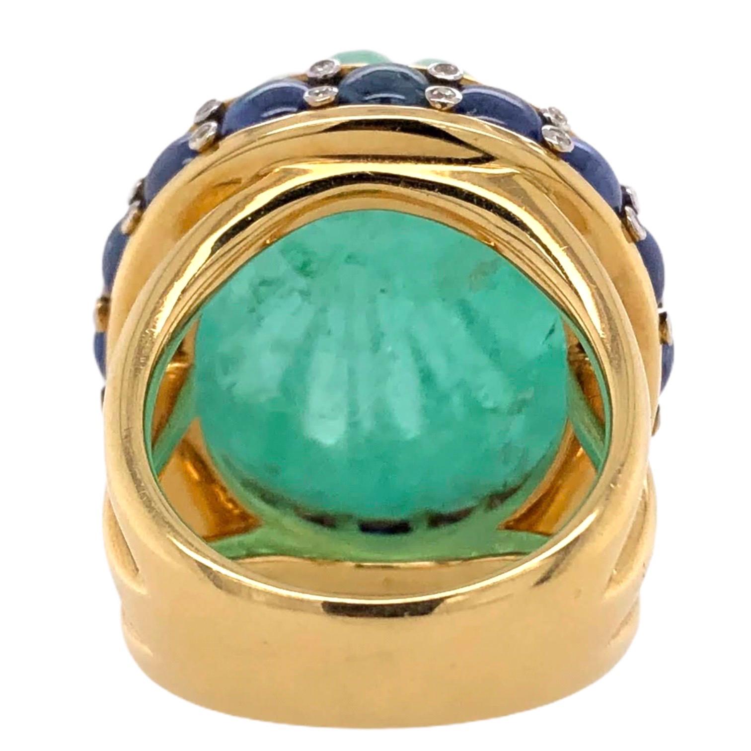 48.00ct GRS Certified Colombia Emerald Ring with Cabochon Sapphires and Diamonds For Sale 1