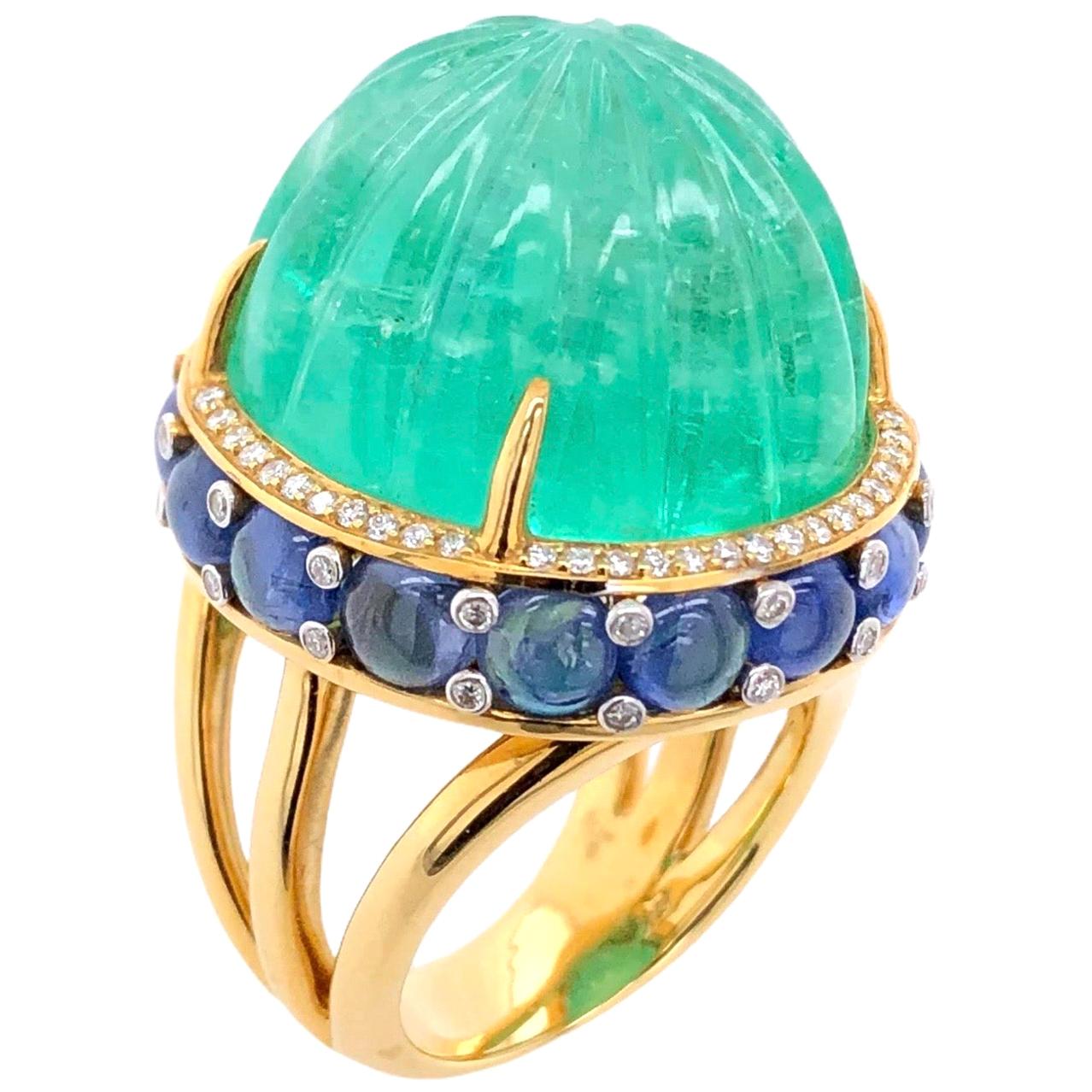 48.00ct GRS Certified Colombia Emerald Ring with Cabochon Sapphires and Diamonds For Sale