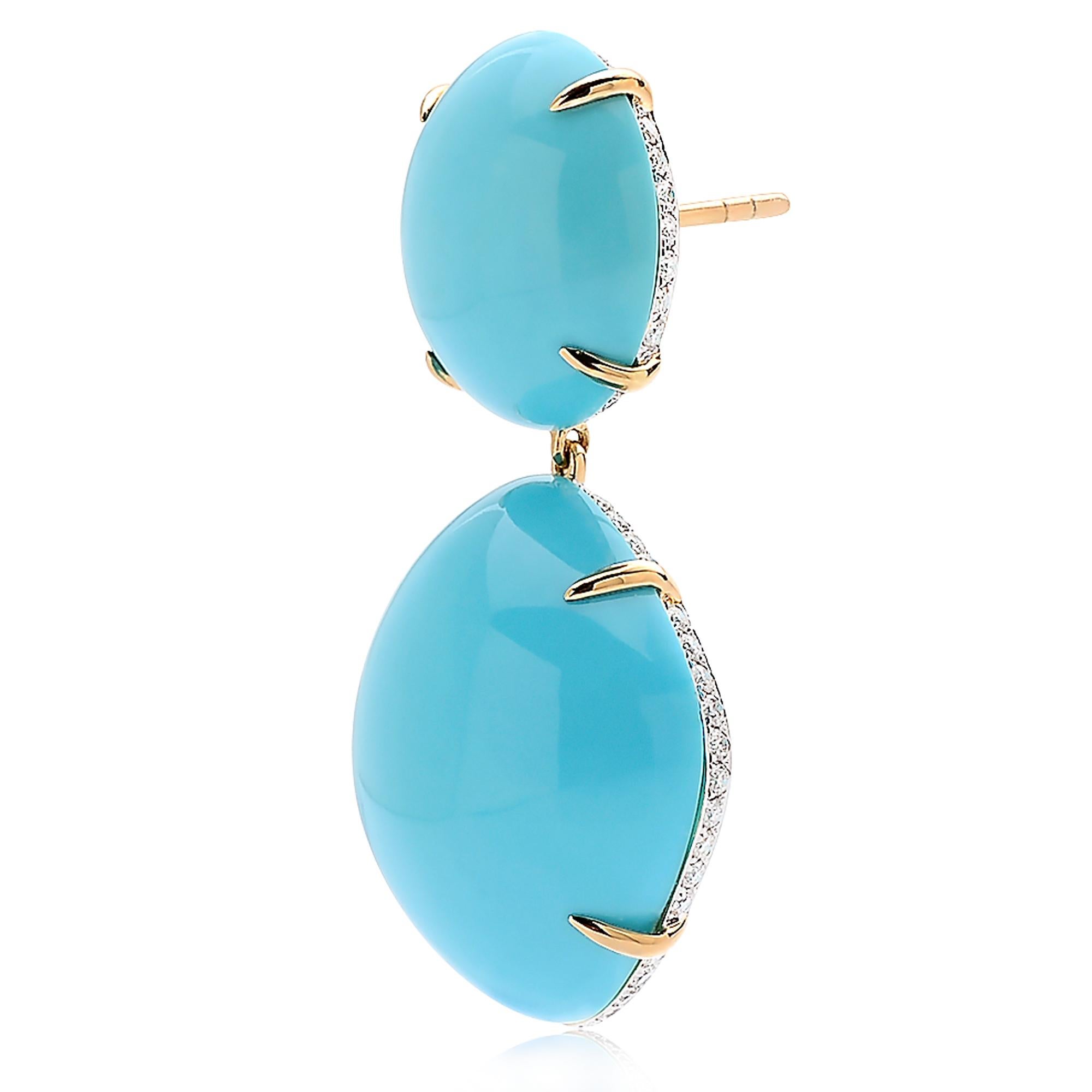 One of a kind Stabilized Sleeping Beauty Turquoise earrings set in 18kt yellow gold with pave-set round, brilliant diamond detail (D-G color, VS clarity) 

The weight of each earring is light and will not pull down the ear and it is designed