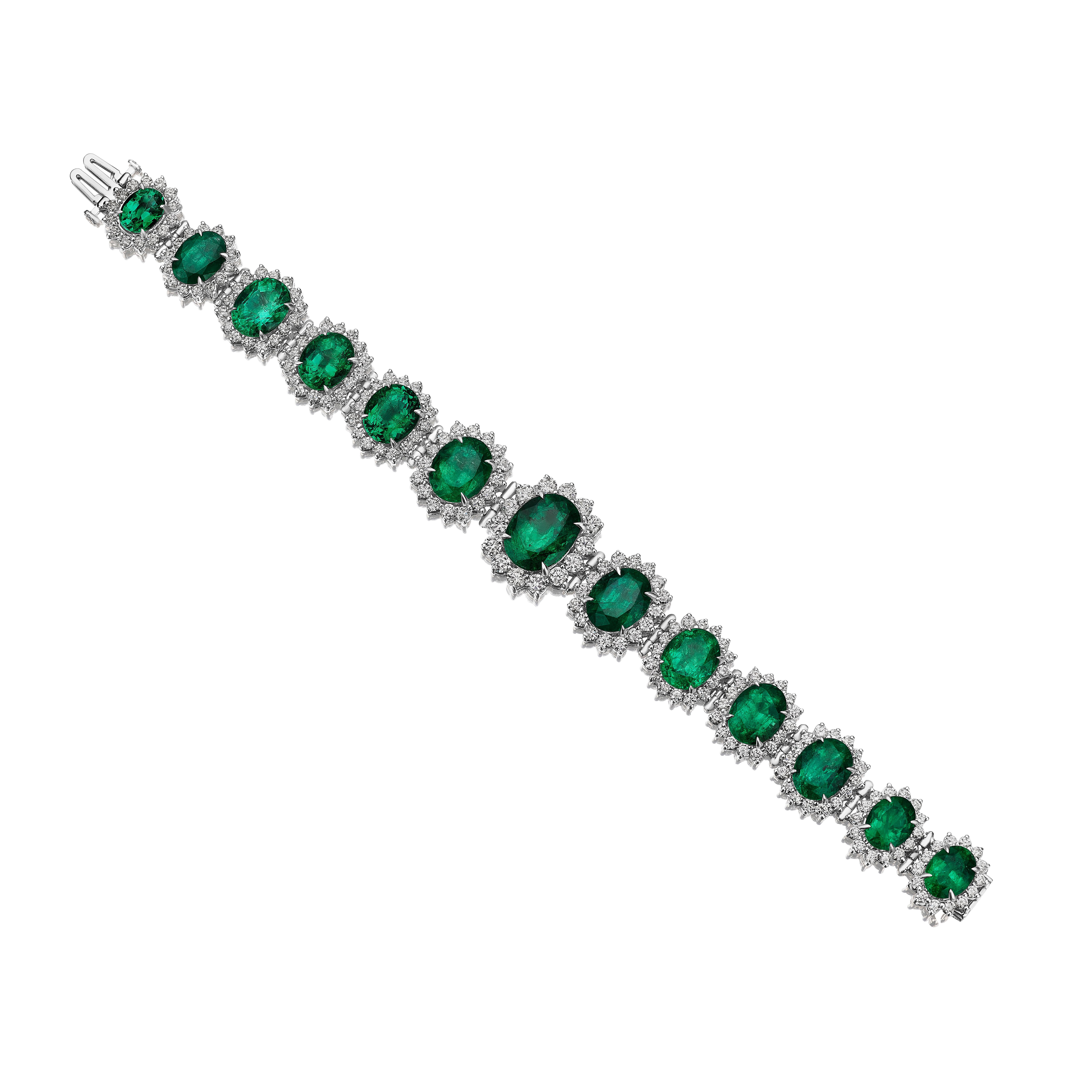 Modern 48.05ct Oval Emerald & Round Diamond Bracelet in 18KT White Gold For Sale