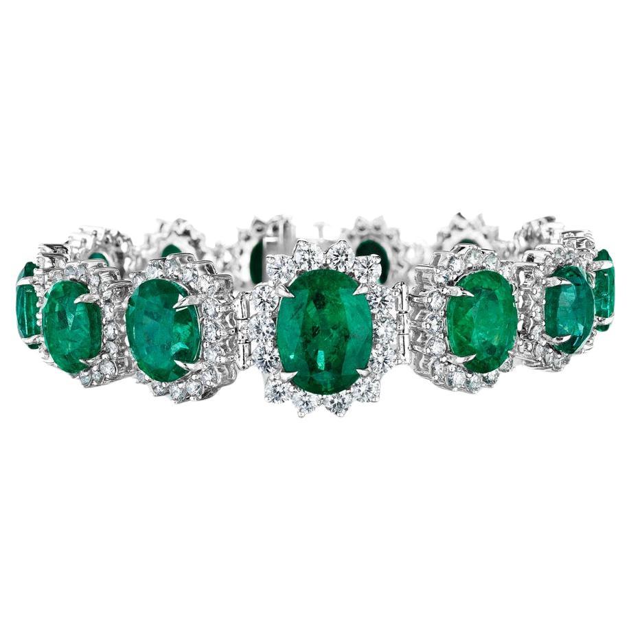 48.05ct Oval Emerald & Round Diamond Bracelet in 18KT White Gold For Sale