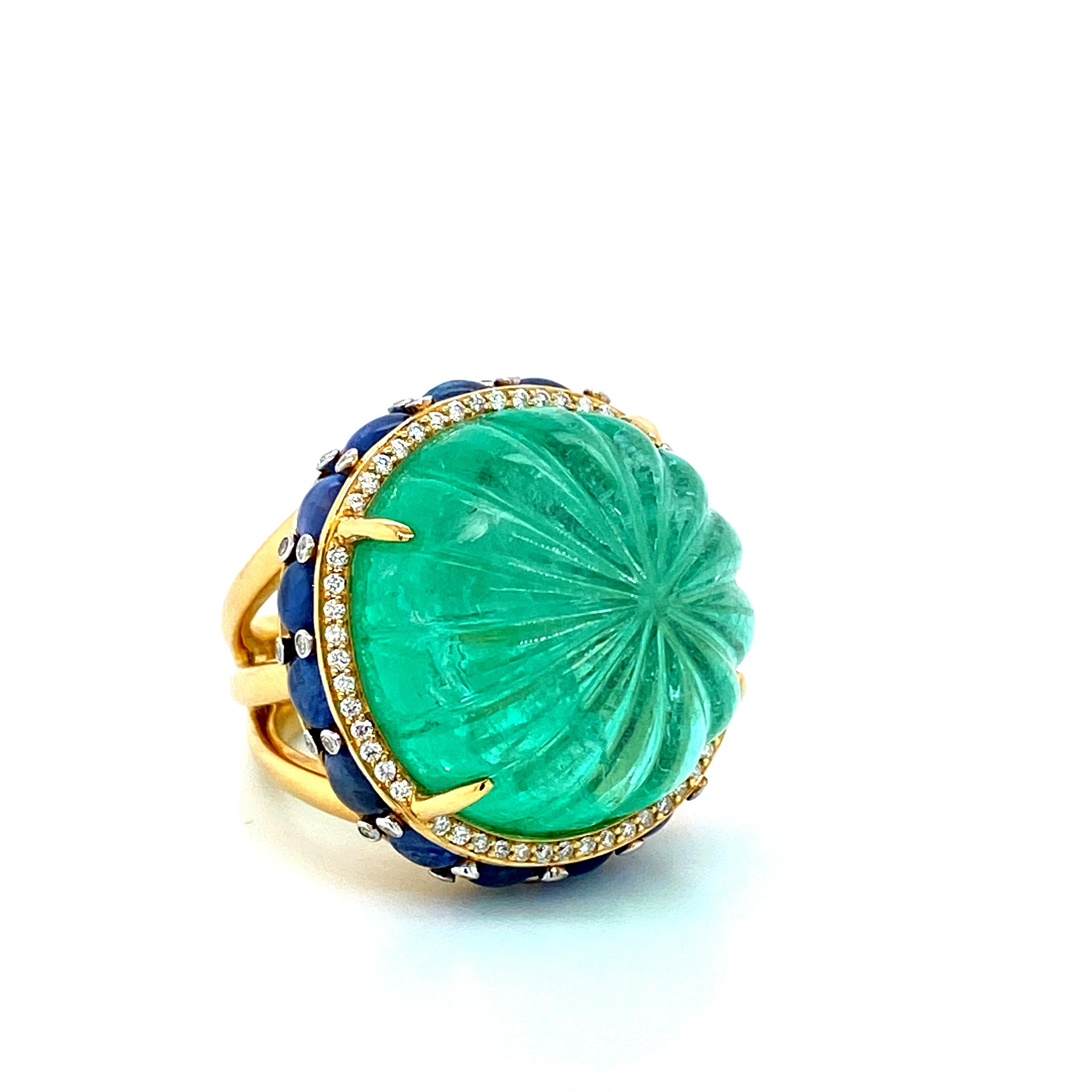 Art Deco 48.07 Carat GRS Certified Colombian Carved Emerald and Diamond Cocktail Ring For Sale